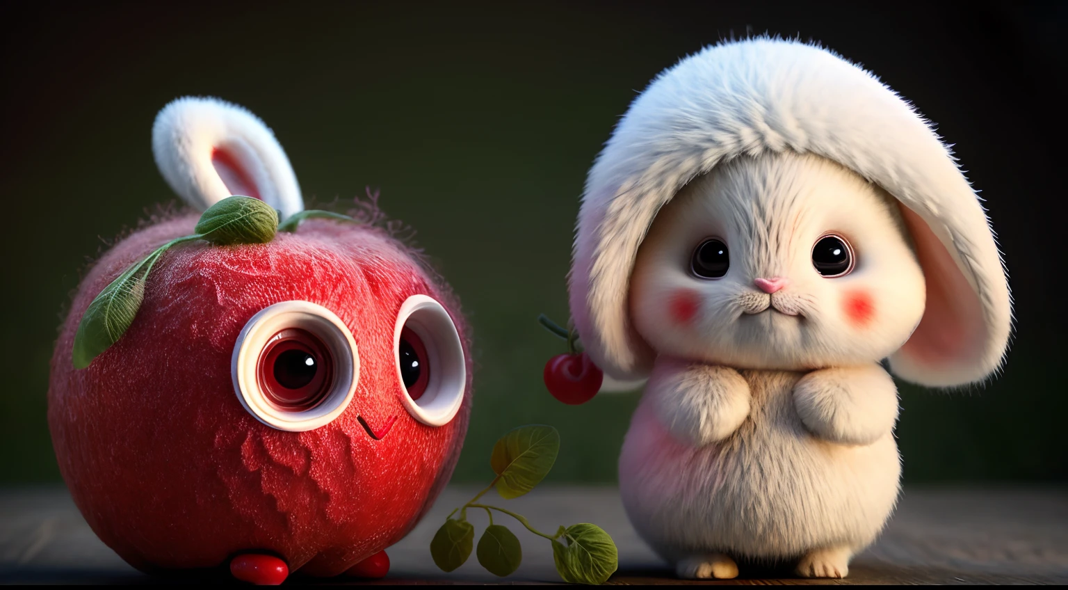 : 3。 Rabbit, realistic, furry animal, apple, dark circles, blush, cherry, food, fruit, full body, hat, non-human, tomato, watermelon