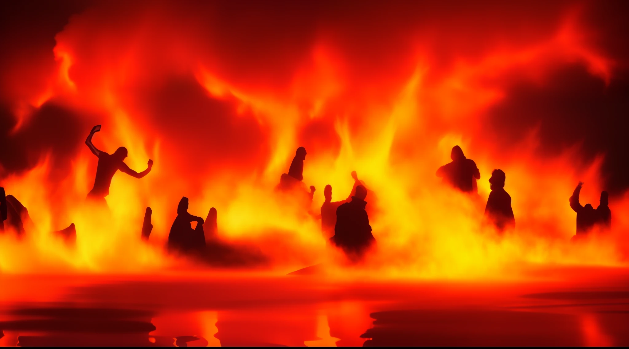 Painting of a group of people in front of a fire, saindo das chamas, no fundo lago vermelho em chamas, A batalha final no inferno, artists rendition, queimando no inferno, embers adrift in the air, holy fire spell art, fundo do inferno, engolfado pelas chamas, Rio sangrento no inferno, burning water, fogo do inferno, Paisagem do inferno, no inferno