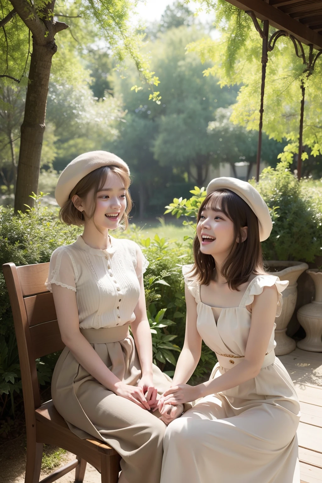 Photo Real、photoRealstic、top-quality、8K Beige hair、short-haired、Lots of bangs、Hair bouncing outward、bouncing hair、Messy bouncing hair、beret The contours of the face are round、small mouth、a small face、drooing eyes、elongated eyes、big eye、Young Face、a 、Beautiful skin White fashionable clothes、Beige long skirt、long skirt 18year old、young body、skinny body、Beautiful skins Laughing、Facial expressions to enjoy、Laughing expression、Have fun、Gentle expression、Sit elegantly in a chair Background with、in woods、Sunlight shines in、Shade、beautiful forest、Wooden chair、vases
