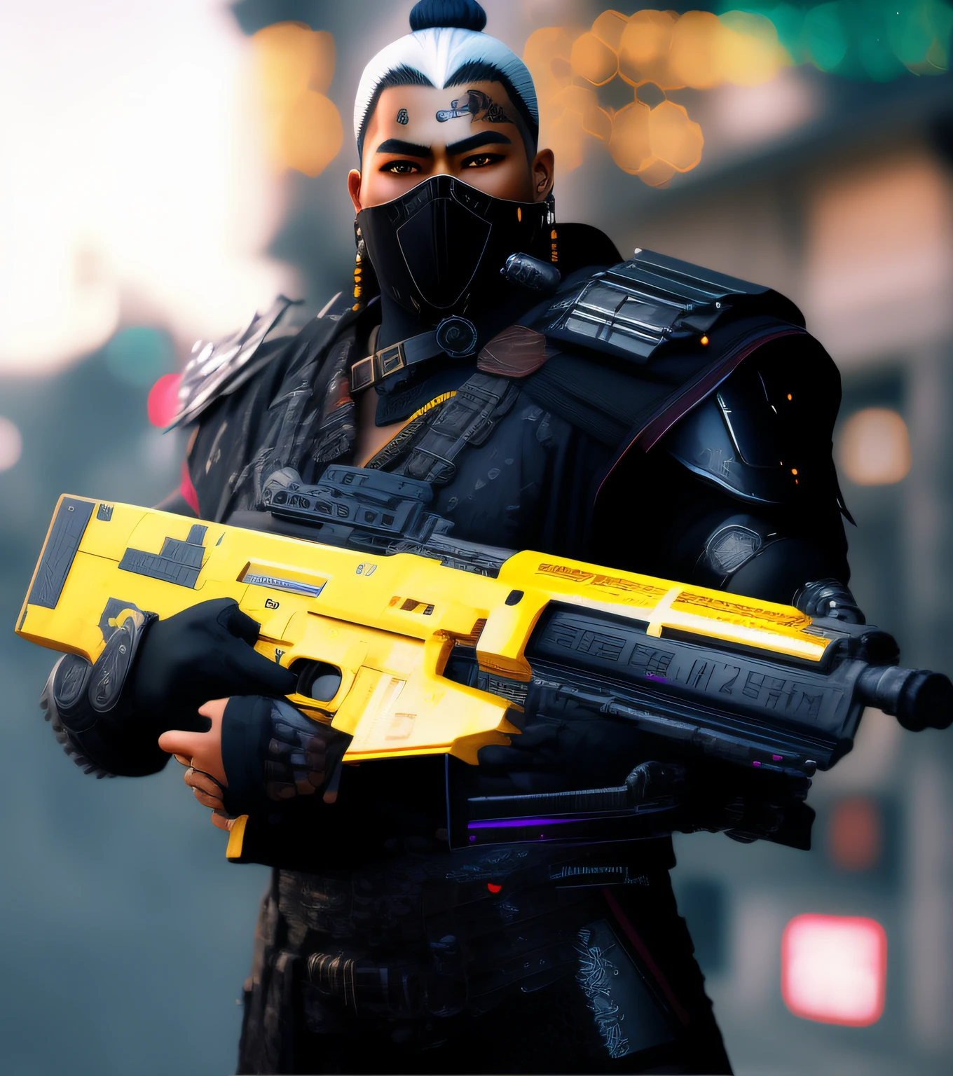 Hay un hombre con un traje negro y amarillo sosteniendo una pistola amarilla y negra, cyberpunk street goon, Soldado cyberpunk, Estilo cyberpunk hiperrealista, Asesino cyberpunk, Chico cyberpunk, Personaje cyberpunk, Arte cyberpunk ultrarrealista 8K, Armadura negra con detalles amarillos, cyberpunk hero, Gladiador cyberpunk, Samurai cyberpunk, Irreal 5. Retrato RPG, portrait of a cyberpunk samurai