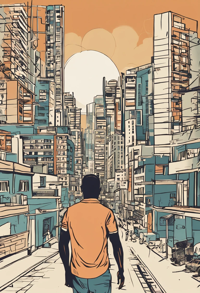 Create a hyper-realistic digital image of a sunset in orange and yellowish hues on the horizon, with the blue sky. Ao fundo, The silhouette of buildings and skyscrapers in a modern city. No lado esquerdo da imagem, o candidato Danilo Serrano, um homem jovem de aproximadamente 30 anos, pele morena e cabelos pretos curtos, usando um terno azul, camisa branca e gravata azul. Ele caminha de frente, olhando para a direita com um sorriso confiante, Hands in pants pockets.
Ao seu lado direito, caminhando junto, uma mulher negra de 60 anos, cabelos grisalhos curtos, usando um terninho rosa e uma blusa branca. She has a serene and wise expression. Do outro lado do candidato, Walking Also Together, um homem branco de aproximadamente 50 anos, calvo, wearing goggles, gray jacket and blue shirt. Ele sorri animado.
Ao fundo, Behind them, um grupo diversificado de 10 pessoas entre jovens e idosos, homens e mulheres, variadas etnias e estilos de roupa, interacting in a relaxed atmosphere, as if walking all together behind the three in front.
