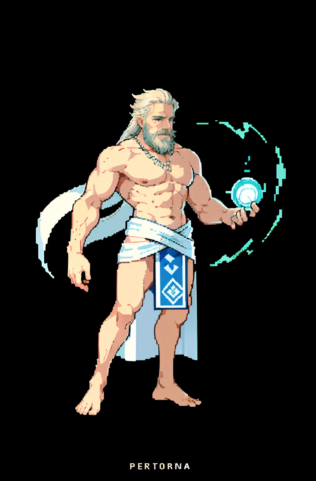 masterpiece, top quality, best quality), pixel,pixel art, 1 old man, Akashic Records Of Bastard Magic Instructor, fullbody, no background, white beard, tattoos, muscle, greek god, zeus, tall, laurel wreath, hand holding lightning, peplos, heation, Togas, no background