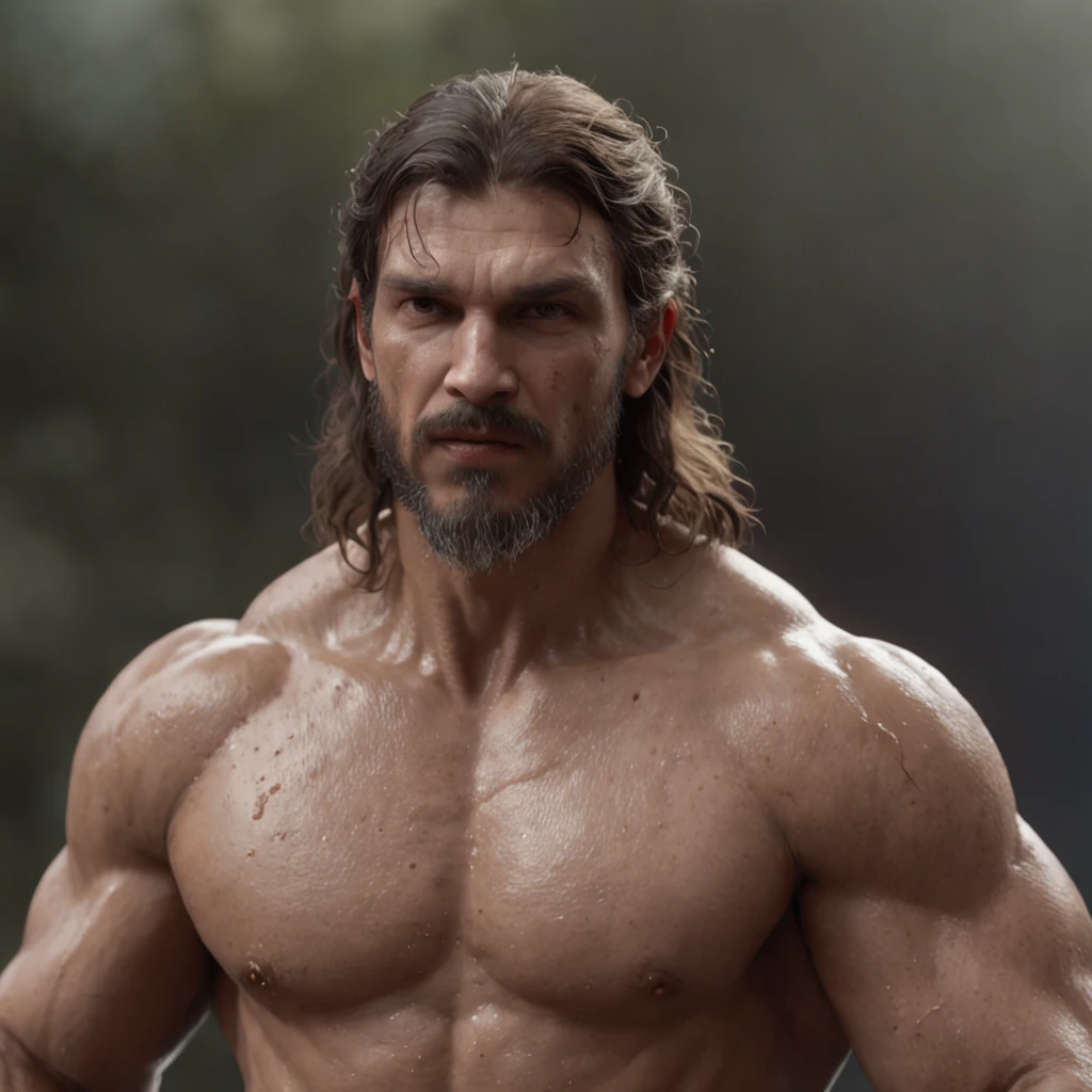 (Professional 3D rendering:1.3) de (Realistic:1.3) Foto de arte mais bonita do mundo,Features soft, bright male heroes, ((Epic hero muscular fantasy rough man angry wet hero looking long hair short beard and fierce expression in dynamic pose, fantastic location, majestoso ambiente desordenado)), Full-body 8k unified rendering, action shot, poros da pele, very dark lighting, sombreamento pesado, circunstanciado, Rosto detalhado, (vibrante, fotogrdeia realista, Realistic, Dramatic, Escuro, foco nítido, 8k), (Old leather clothes damaged by bad weather:1.4), ((((Use peles)))), (intrincado:1.4), decadente, (altamente detalhado:1.4), pintura digital, rendering by octane, art stations, Conceito-Arte, liso, foco nítido, illustration, germe da arte, (Loish:0.23), Wlop Ilya Kuvshinov, e Greg Rutkowski e Alphonse Mucha Gracias, (global ilumination, studiolight, Light Volumetric), chuva forte, floating particles, patife, fantasia, Onze, corpo inteiroesbian, ((Fundo escuro e antigo da cidade:1.3)),CGSesociedade,art stations