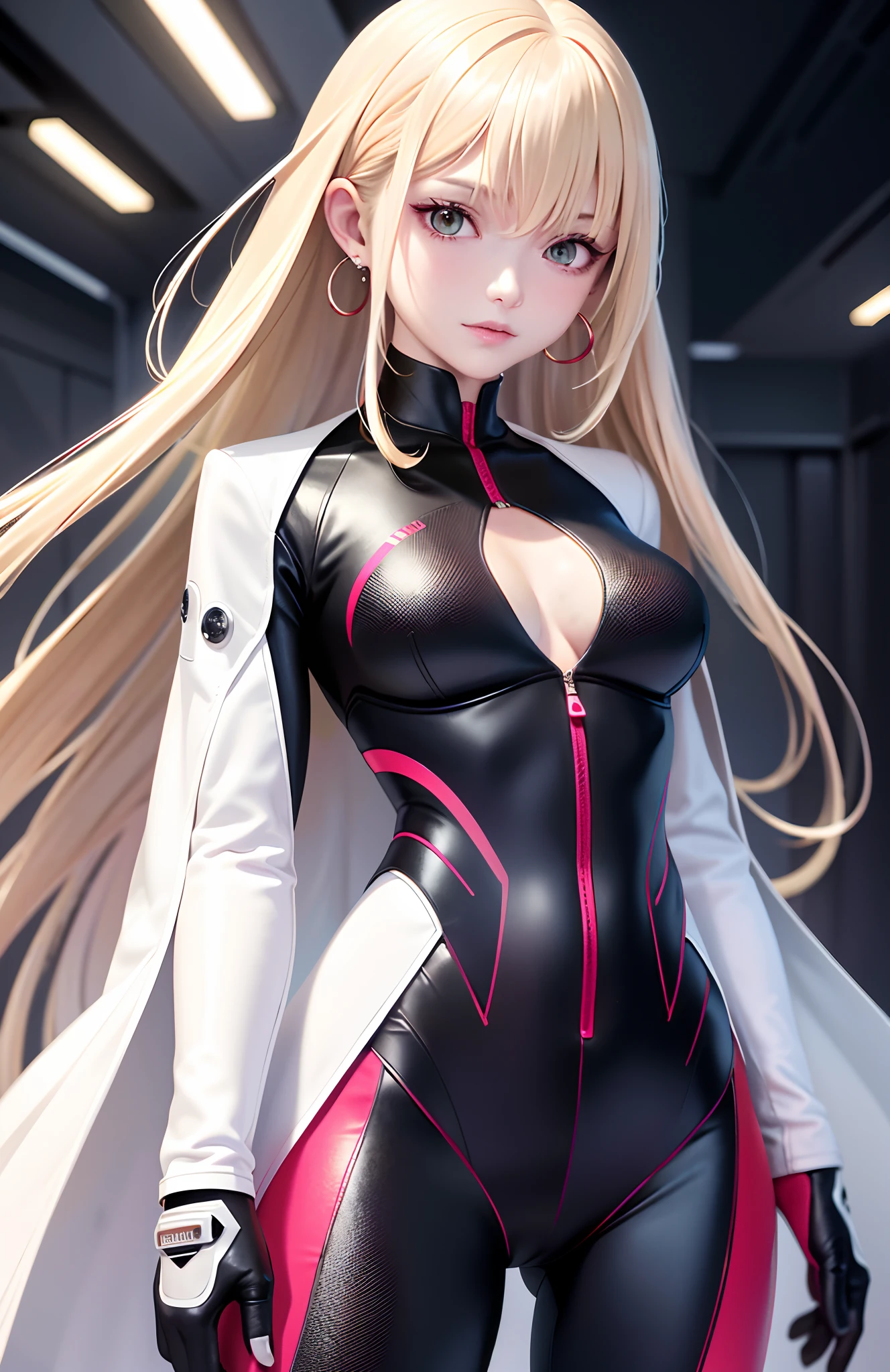 optimum,tmasterpiece,A high resolution,best qualtiy,hyper HD,super detailing,Award-Awarded,16k,独奏,(The upper part of the body),anatomy correct,Beautiful cyberpunk girl,cute face,,Gradient Beige Hair,Hairline,((Scarlet eyes)),long eyelasher,Hanging eye corners,White skin of the,(small boobs),(Slim body),((Women's extra short shawl jacket)),((bikesuit)),ear studs,(neck rings),(Laser material clothing:1.2)
