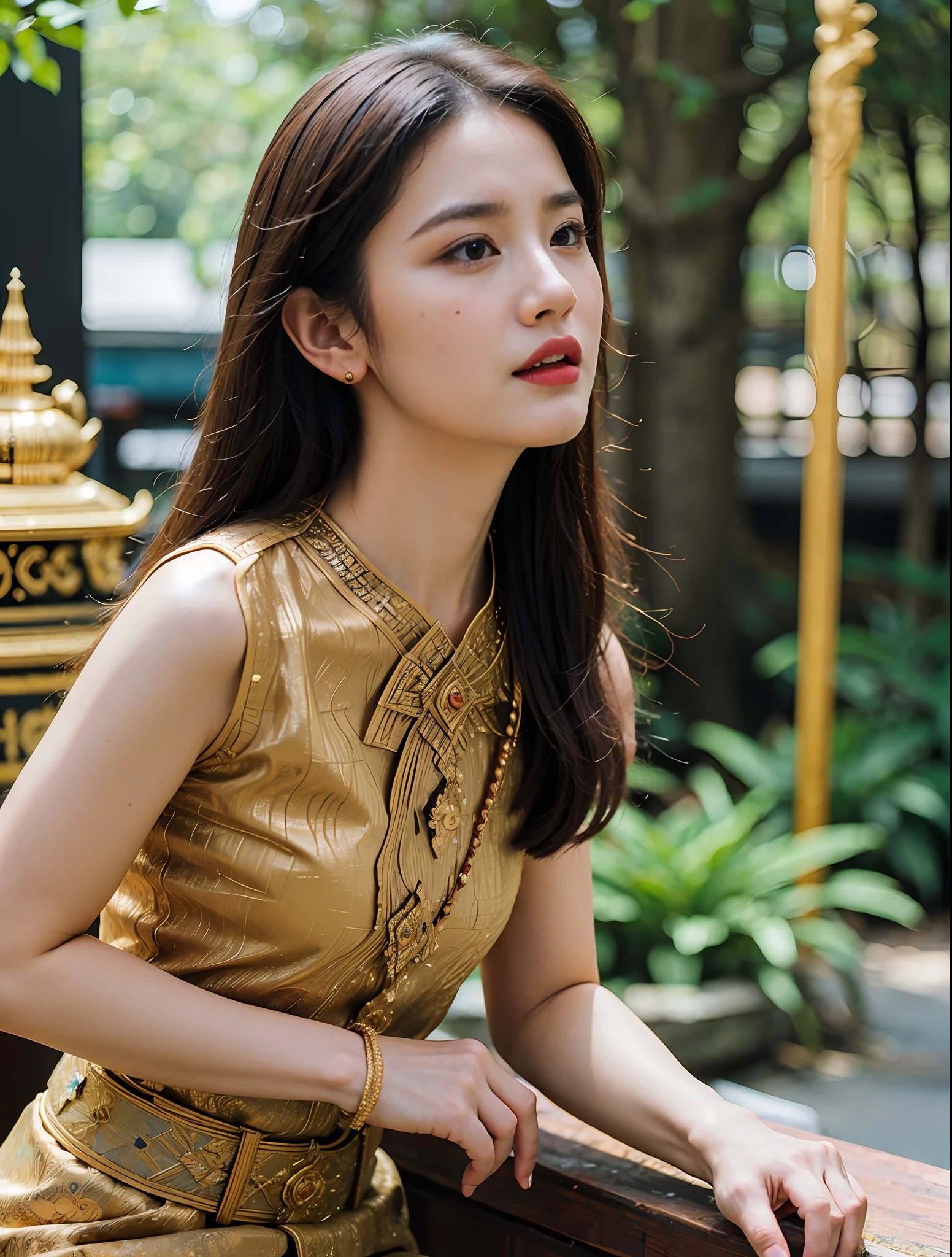 (8k,masterpiece,There's nothing wrong with it., Realistic :1.3), best quality, portrait , Realistic, face focus, 1 woman, brown long hair, Traditional Thai costume , ( comfortable:1.2), temple background, (breeze:1.2),(sun lighting:1.2)