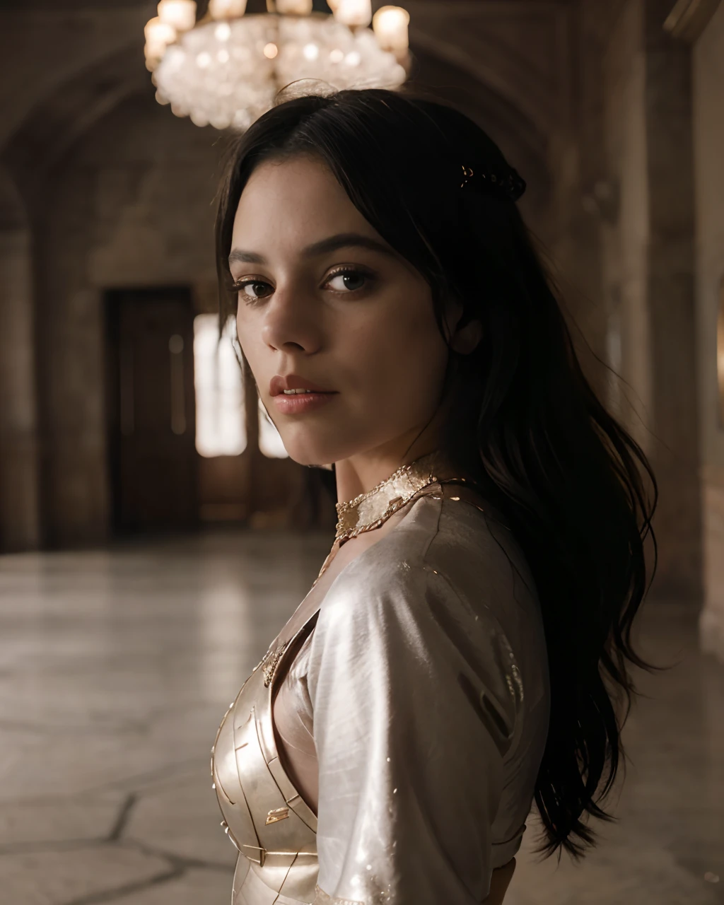 Photo still of jortega in a movie where she faces off against margotrobbie in a Roman Gladiator match, shiny skin, Female Gladiator clothing, muscular, white marple floors, warm atmosphere, photograph, photoshoot, Captured by Panavision Panaflex Platinum Camera with Panavision Primo Primes Spherical Lens 40mm T1.9