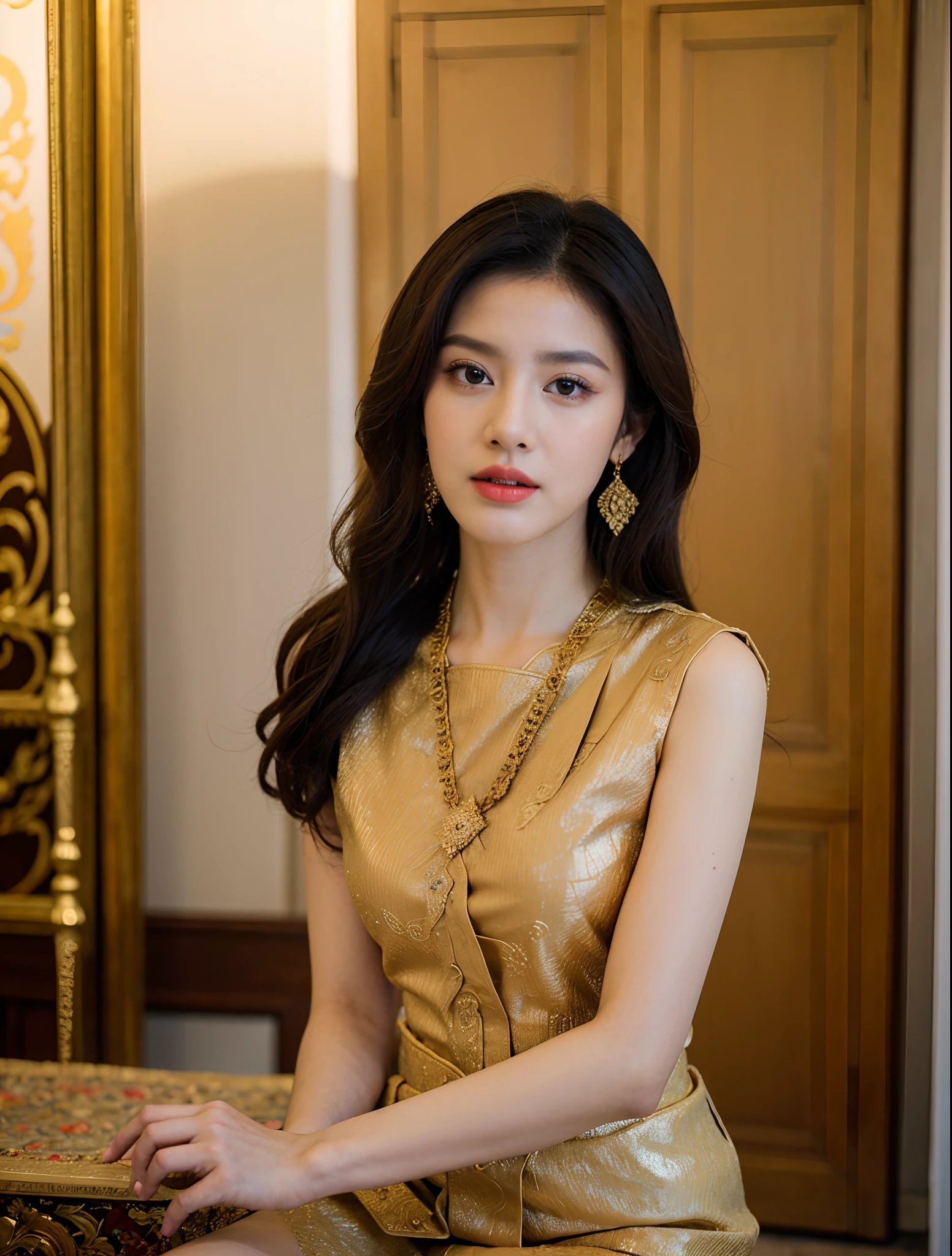 (8k,masterpiece,There's nothing wrong with it., Realistic :1.3), best quality, portrait , Realistic, face focus, 1 woman, brown long hair, Traditional Thai costume , ( comfortable:1.2), temple background, (breeze:1.2),(sun lighting:1.2)