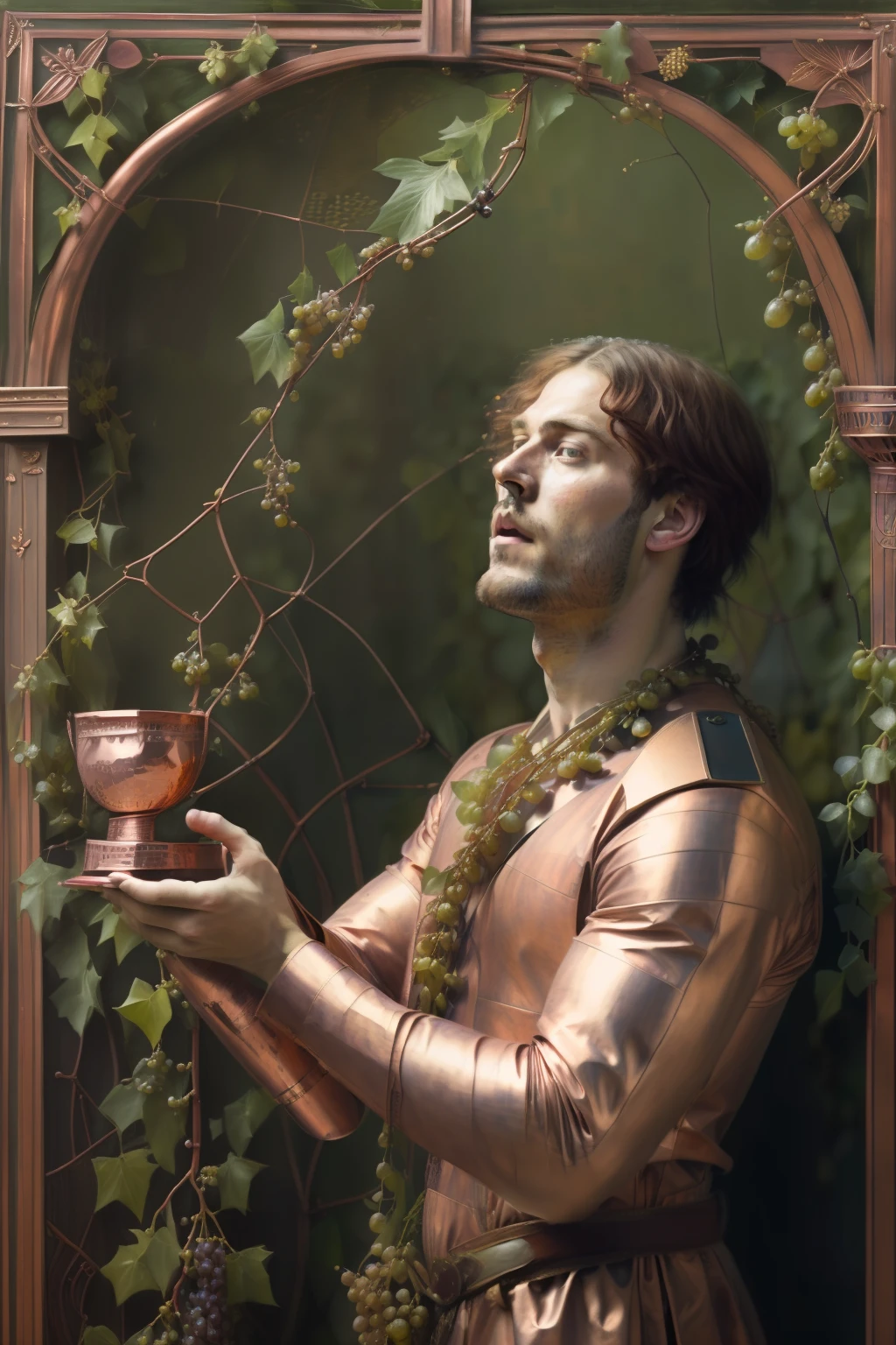 (((Pre-Raphaelite painting of a man holding a copper chalice under a vine filled with grapes, is singing, Neck raised, paisagem celta)))