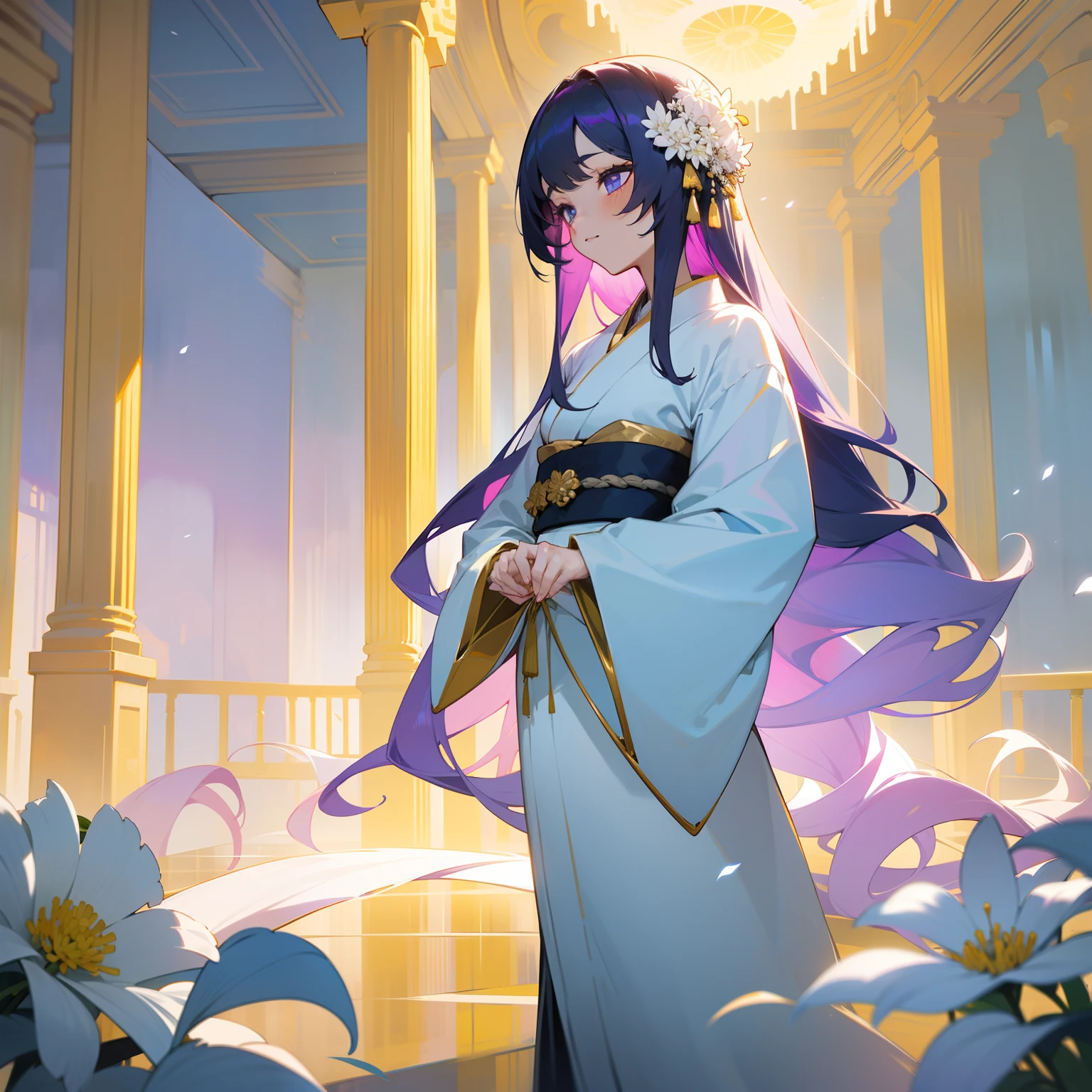 "In the realm of aesthetic beauty, Singular girl, Her hair is a vivid cascade of white and gold, Wear a kimono painted in shades of lilac and pristine white. Her mysterious charm reflects the charm of chrysanthemums, Symbol of nobility and purity, She is in these halls.々And when standing in the wildflowers of flowers."