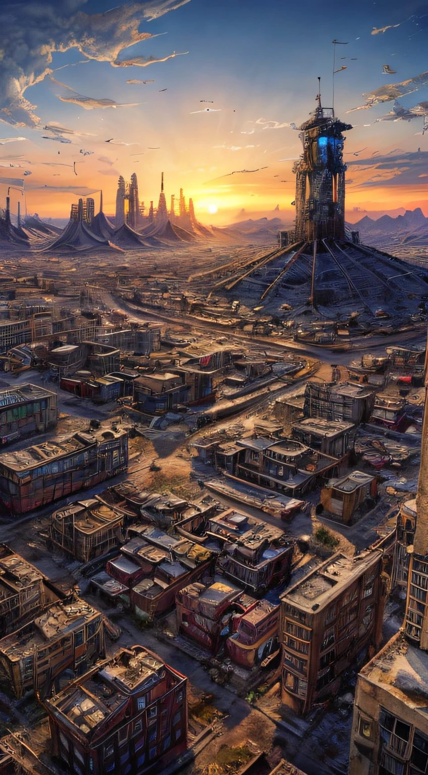 (tmasterpiece), (best qualtiy), ((A high resolution)), ((The apocalyptic city)), wide wide shot,Beautiful illustration, trending on artstationh, in a panoramic view, the sunset, Cidade abandonada, ghost town