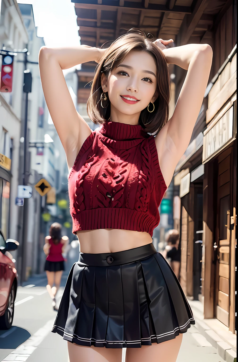 ((Show underarms、Ultra-realistic armpits、、Armpit、Detailed armpit wrinkles、Detailed armpit pores、Realistic armpit skin、Black armpit skin、Black armpits、armpit pose、gazing at viewer、smil、Full body armpits standing facing the viewer、Show both armpits、micromini skirt、Very short skirt、No panties、With no pan、Super mini skirt with waist length slit、No pants super mini skirt with waist length slit、Standing on the street、Stand in the middle of town、in a street)), (illustratio), (hight resolution), (8K), (ighly detailed), (The best illustrations), (armpit pose、beatiful detailed eyes), (top-quality), (ultra-detailliert), (masterpiece), (wall-paper), (详细的脸), (A smile、((40 years,red lipsticks,femele,Show realistic armpits))、Brown hair,short-hair,((Woman without panties in red short sleeve sweater and very short skirt)), japanes,