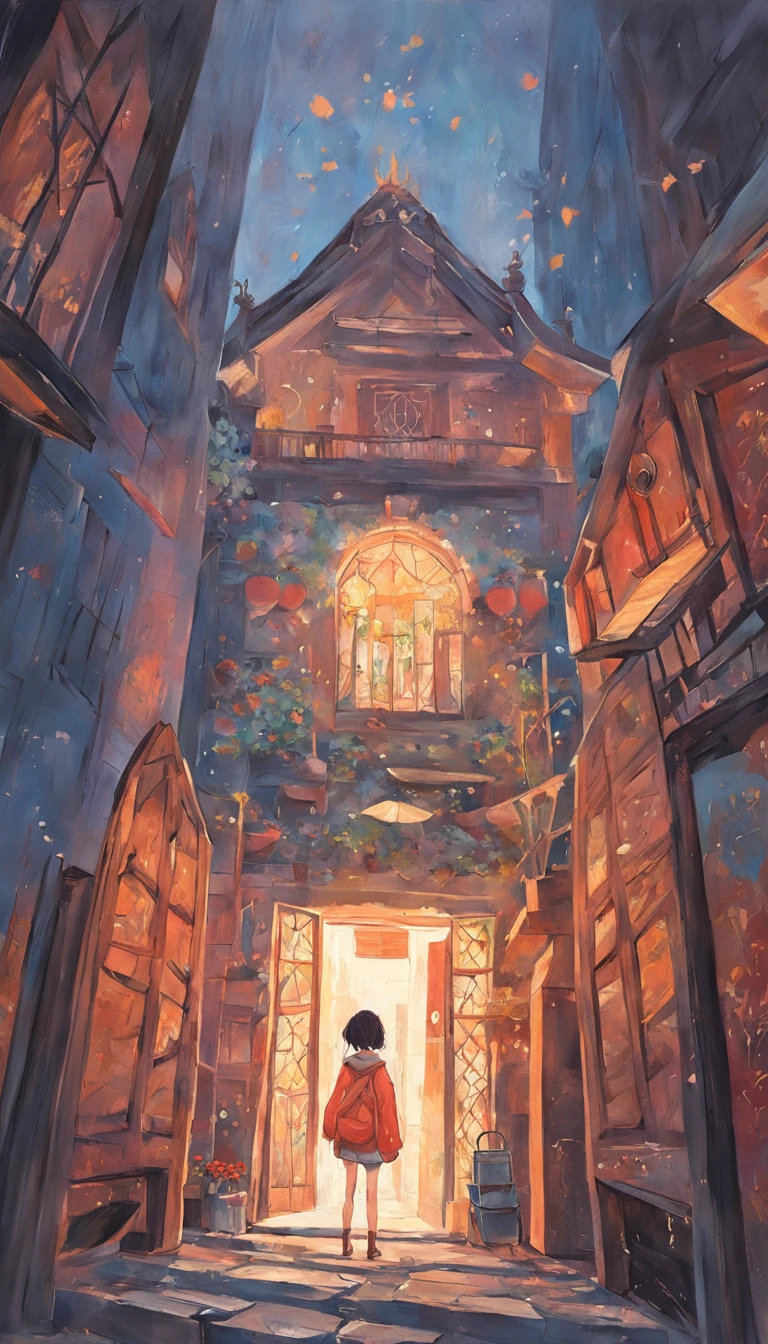 pintura de uma casa em uma parede com uma janela e uma porta, tempera on wood, architectural painting, Catedral da nave espacial da favela, artwork of a building, lindamente pintado, porta alta, oil on wood, pintura da igreja, estilo de arte popular tradicional, em uma parede, hand-painted, Sci