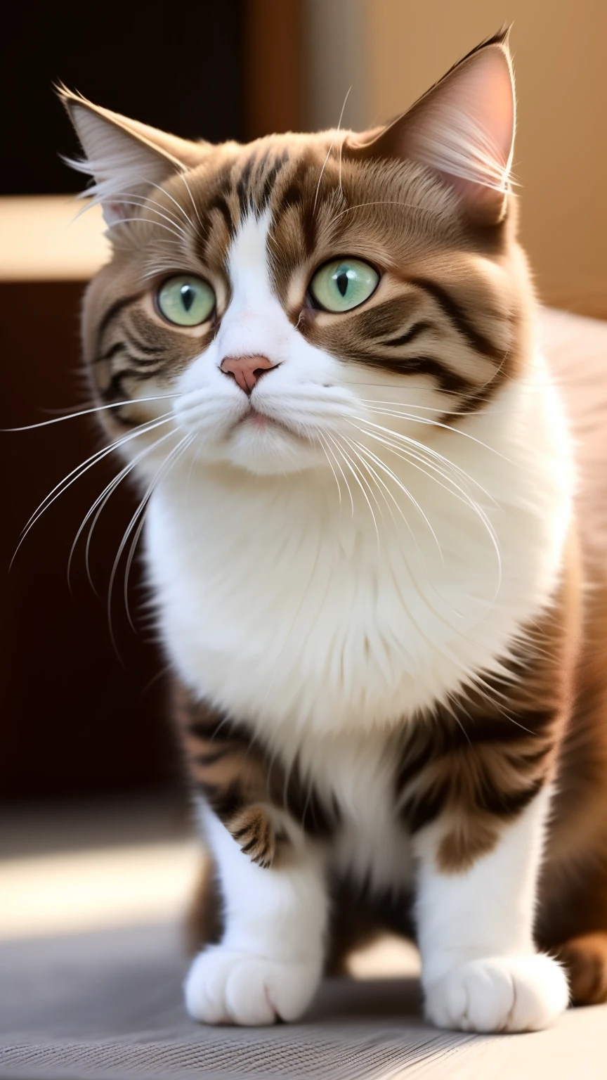 The cute cat always gives a warmth,Amiable feeling,But they can also show a domineering appearance。Through the description of details,Cats' eyes are one of their most attractive features。Whether it's deep amber、Bright green or mysterious blue,They always show pride and confidence in them。The sharpness and sparkle of the pupils seem to hide endless wisdom,It feels like it's impossible to ignore。The cat's nose is small and delicate,Their elegance and delicacy are highlighted。Whether it's a pink nose tip or a light black nose tip,All exude a kingly atmosphere。Slightly moist nose,Shows signs of good health in the cat。Both earlobes on the top of the head,Its contours are clear,Straight up,Like two sharp knives。Soft hair,Presents a delicate texture,It feels silky when gently touched。When the cat is alert,The ears will stand up,Sketch the face of a king。The mouth is small and delicate,Under the coffee-colored nose shadow,A neat row of fangs is exposed。The corners of their mouths are slightly upturned,Plus that cute canine tooth,It makes the cat's domineering expression fuller。Whether it's a supple and silky long-haired cat,Its hair all reveals an air of noble elegance。Thick and smooth texture,This gives their bodies a natural glow