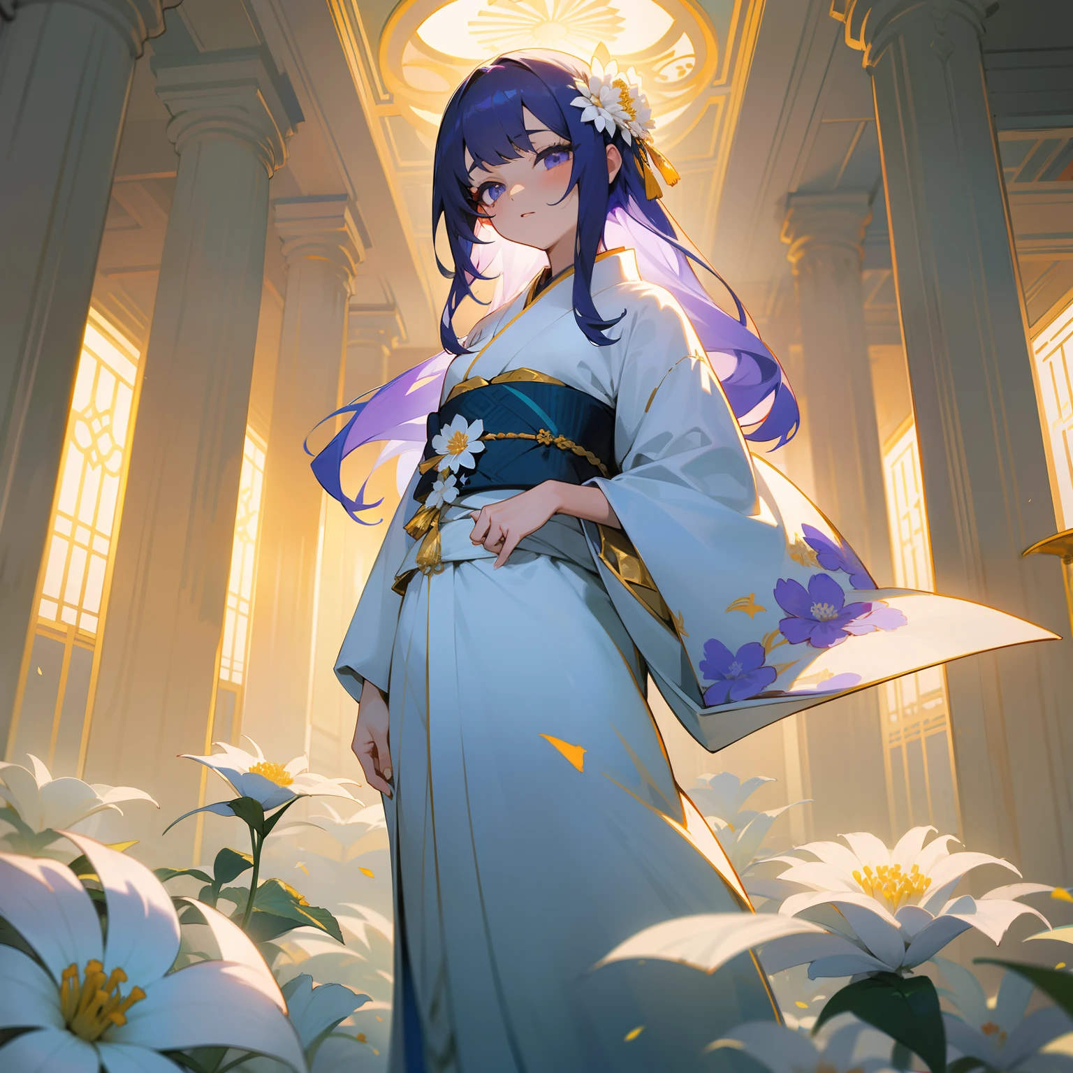 "In the realm of aesthetic beauty, Singular girl, Her hair is a vivid cascade of white and gold, Wear a kimono painted in shades of lilac and pristine white. Her mysterious charm reflects the charm of chrysanthemums, Symbol of nobility and purity, She is in these halls.々And when standing in the wildflowers of flowers."