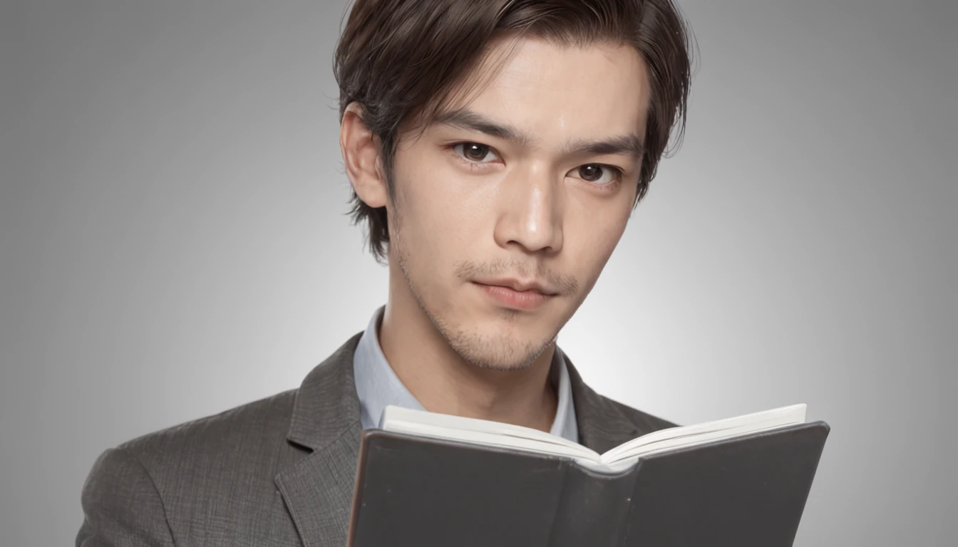 "um homem sorrindo e confiante em um fundo cinza, holding a notebook with a serious and determined expression, estilo de arte inspirado por Kawacy, visual realista em 4K."
