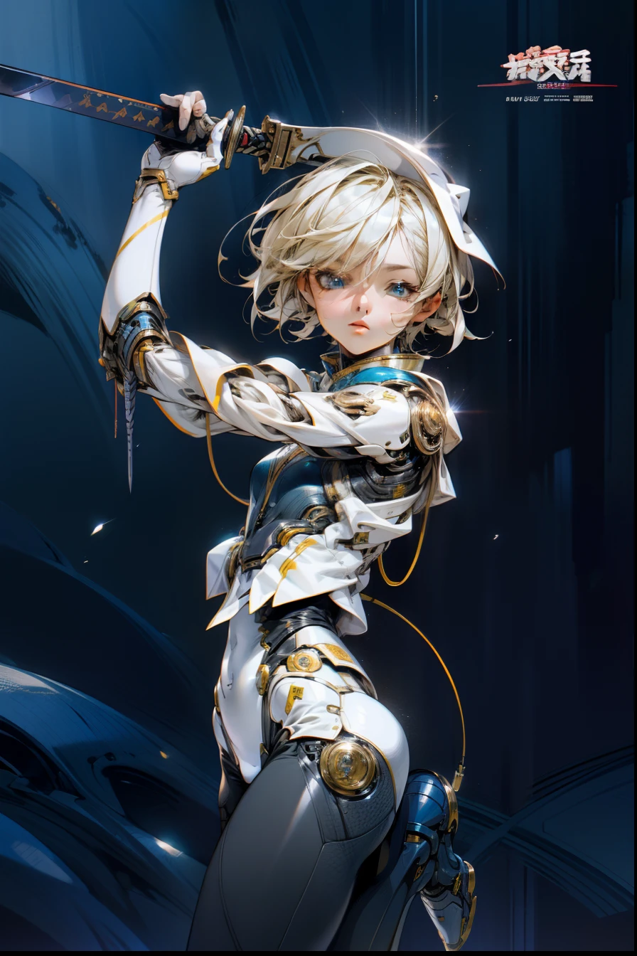 High Quality, Ultra High Resolution, Ultra Realistic, Super Detailed, Robot, Humanoid, Slim, beautiful, 1girl, yellow hair, short hair, blue eyes, Full Face, Full Body, female, Metallic, Metallic, Luxury, Metallic, One Japan Sword, One
