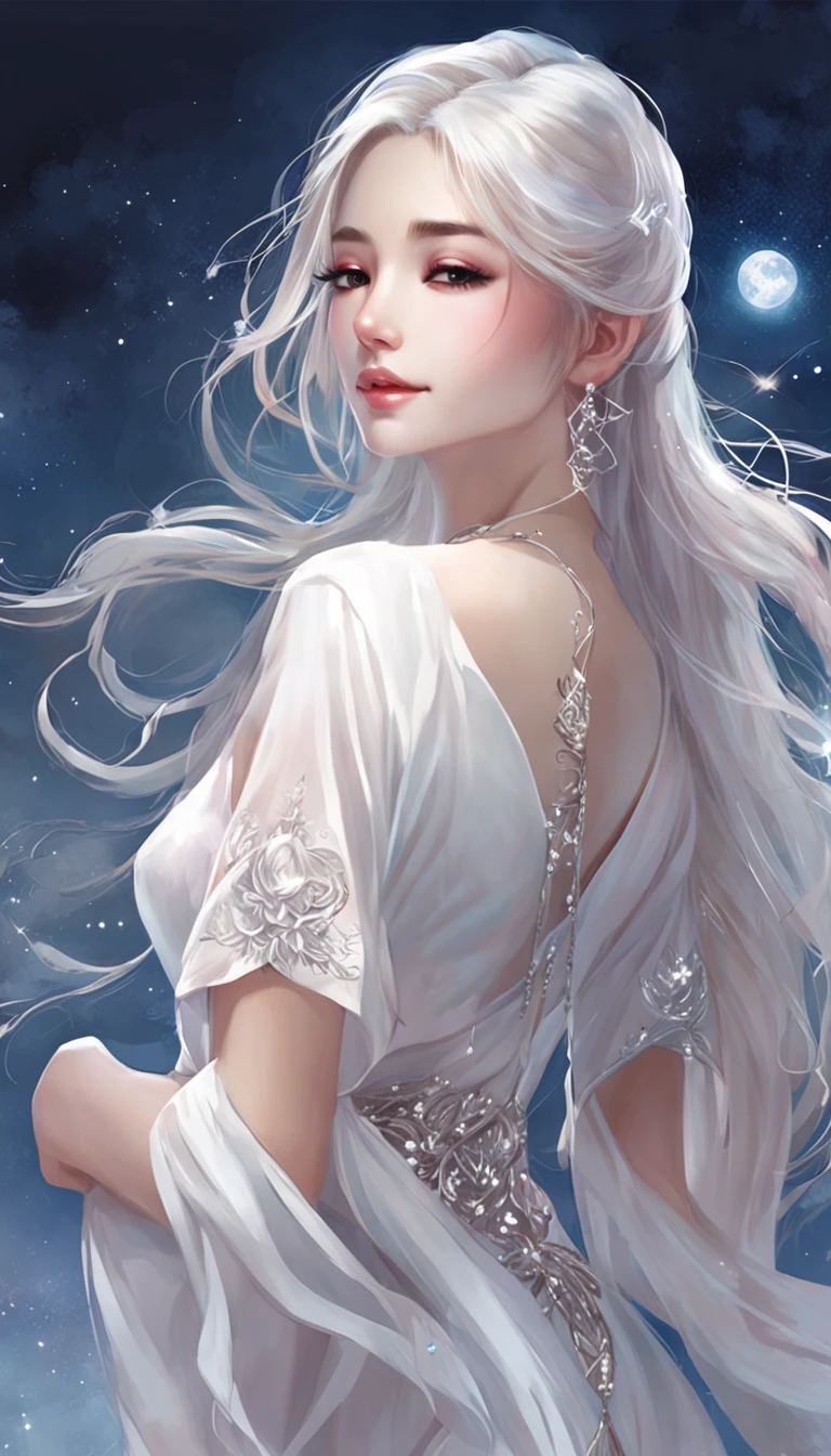 (best qualtiy,tmasterpiece), Beautiful teenage girl, Beautiful goddess, Sexy goddess, white crane, The right hand, A long flowing dress, Slender legs Silver hair, By bangs, Tie a ponytail, Beautiful hair accessories, Detailed scenes, the night, starrysky, cold light, full moon, (in pink, white colors, cyan colors), ((from below)), ((full body)), ((cross legged)), ((realistic)),