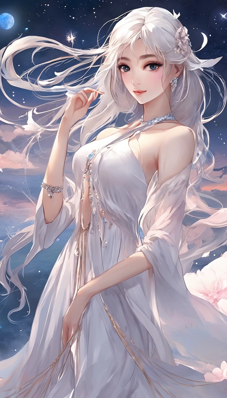 (best qualtiy,tmasterpiece), Beautiful girl, Beautiful goddess, Sexy goddess, white crane, The right hand, A long flowing dress, Slender legs Silver hair, By bangs, Tie a ponytail, Beautiful hair accessories, Detailed scenes, the night, starrysky, cold light, full moon, (in pink, white colors, cyan colors), ((from below)), ((full body)), ((cross legged)), ((realistic)),