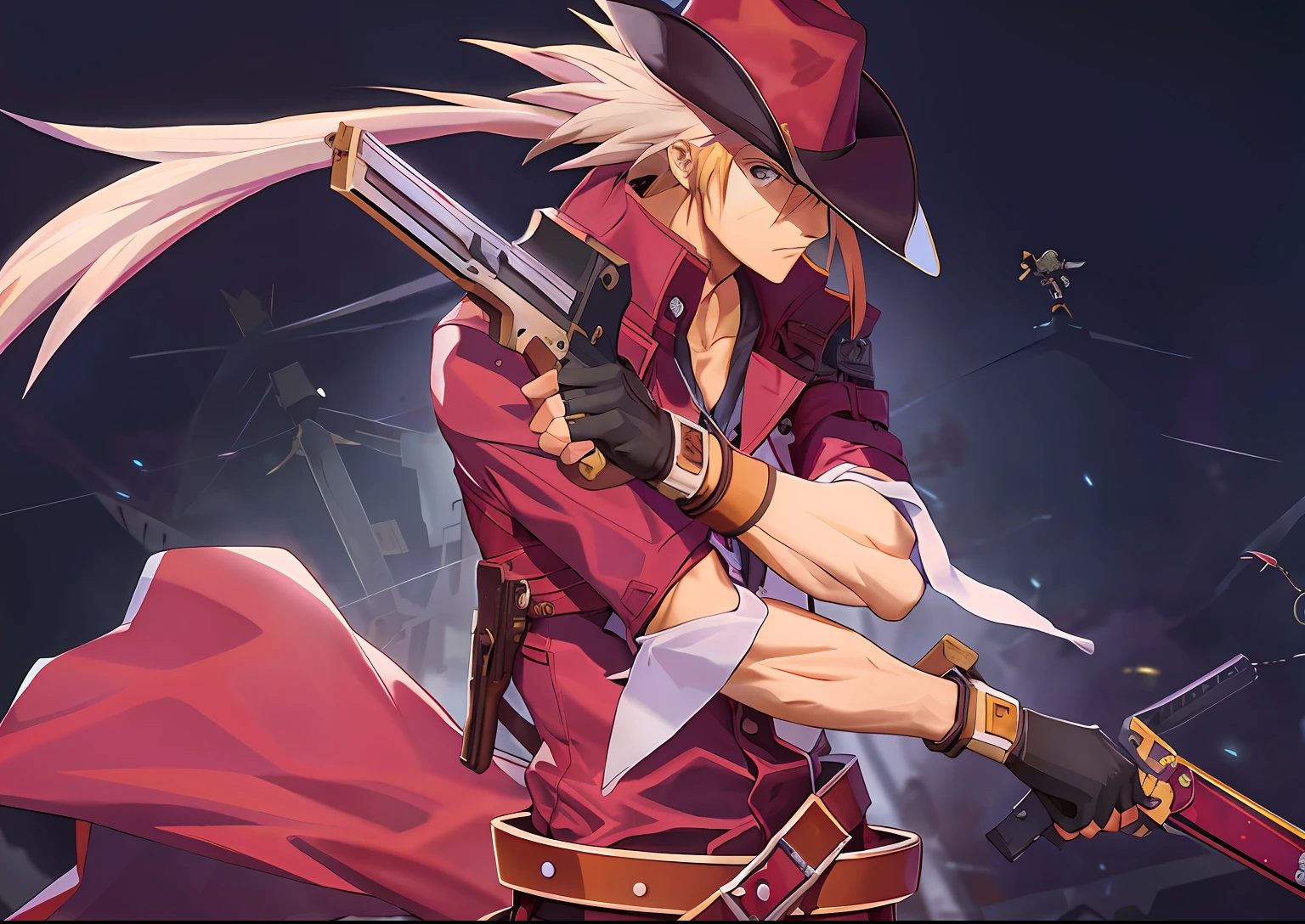 Anime characters with guns and hats on dark background, guilty gear art style, trigger anime artstyle, gungrave, guilty gear art direction, Guilty Gear strives to splash art, chrono trigger guilty gear style, guilty gear, cyber space cowboy, Key anime art, the gunslinger, guilty gear strive graphics, Badass anime 8 K, Epic anime style