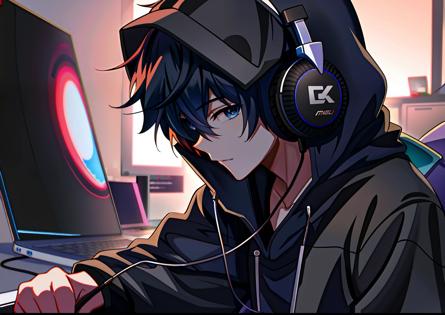 Anime boy playing video game on laptop with headphones, style of anime4 K, Anime art wallpaper 4k, Anime art wallpaper 4 K, Anime art wallpaper 8 K, Anime wallpaper 4K, Anime wallpaper 4 k, 4K anime wallpaper, High Quality Anime Art Style, Guviz-style artwork, Anime style. 8K