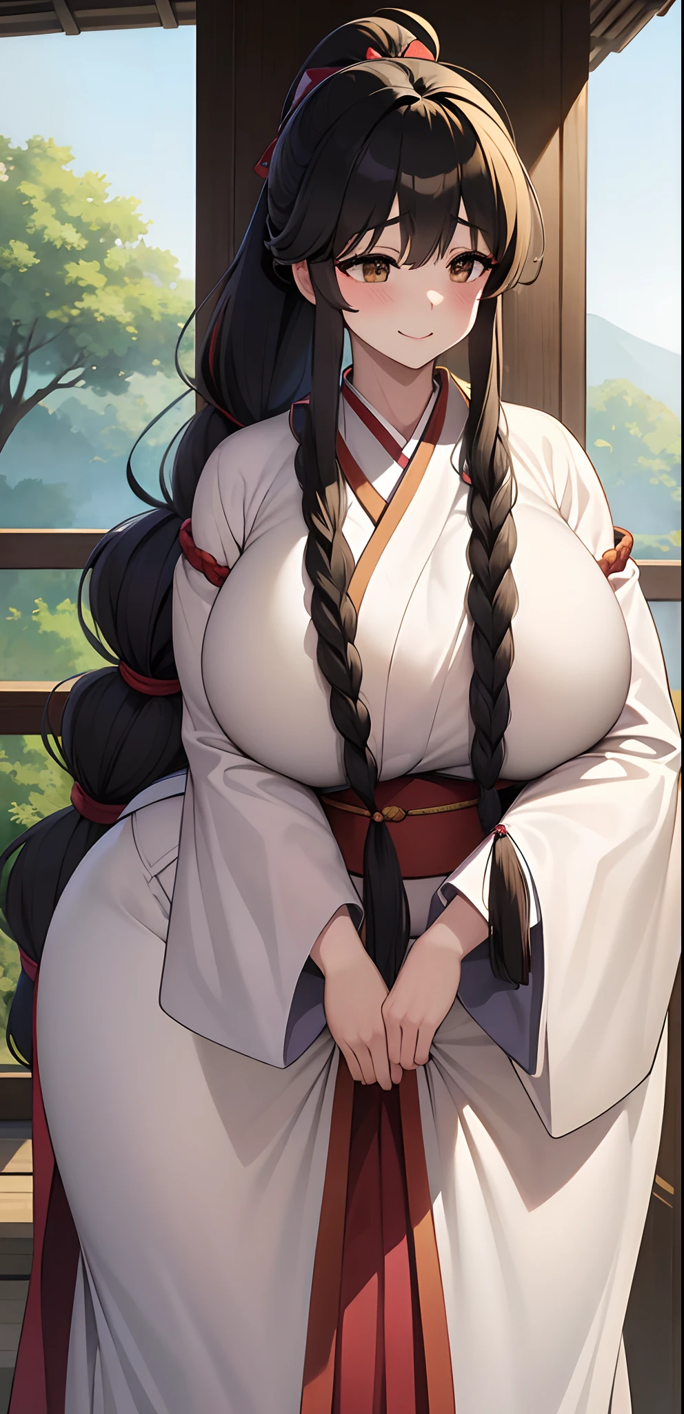 (8K、top-quality、​masterpiece)、Taisho Era、japanese kimono、Beautiful adult woman、Graceful,((Super huge　Colossal　Colossal　massive chest)),Pensive、boredom、Sentimental、suffocating、Enlightened smile、long-haired with black hair、Ahoge、braid ponytail、musculature、Muscular beauty、Muscle Beauty、