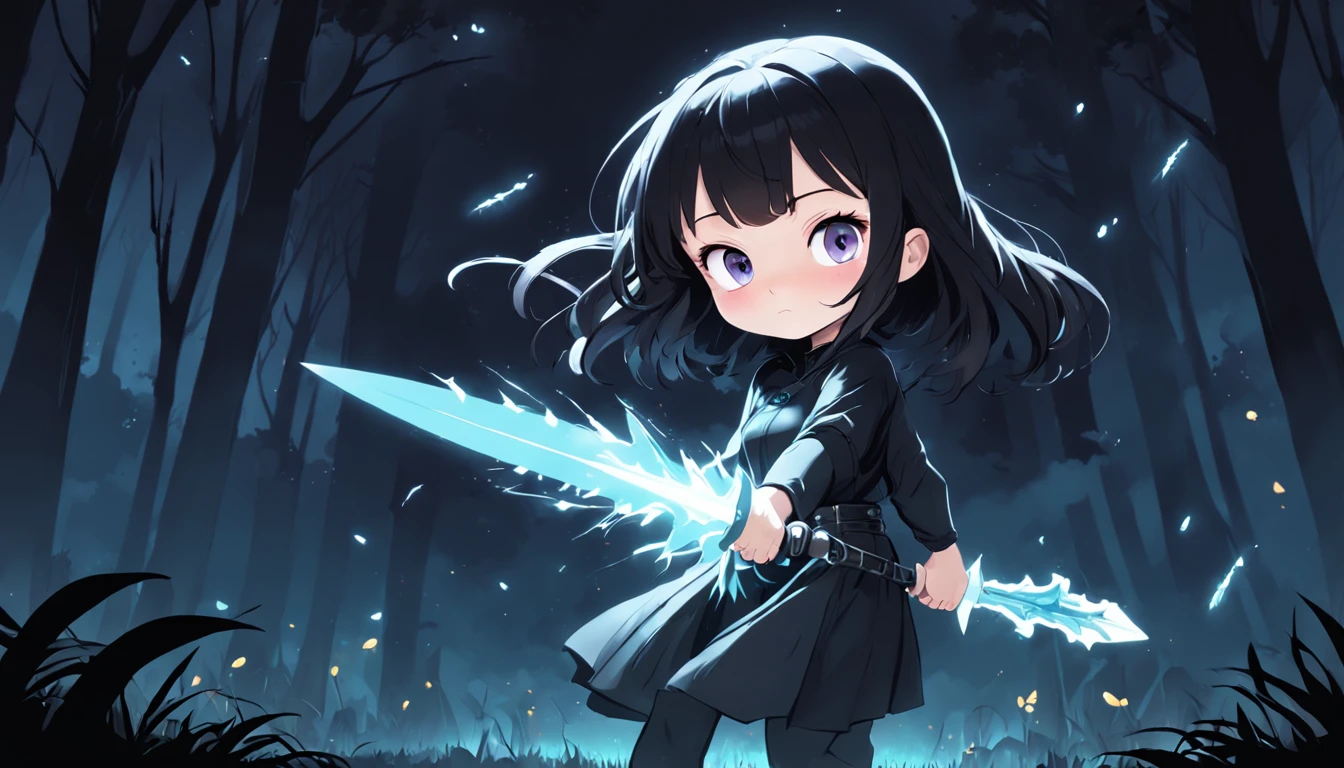 Cartoony,Chubby in black tight cloth,assassins,Dagger and dagger in both hands,Glowing fireflies around,,Cute and cute,KIDS ILLUSTRATION,Glow effects,Dingdall effect,depth of fields,high light,Real light,Ray traching,oc rendered,Hyper-realistic,best qualtiy,8K,Works of masters,super-fine,Detailed pubic hair,Correct anatomy,sharp focus on eyes,The facial structure is reasonable,Facial features are carefully depicted