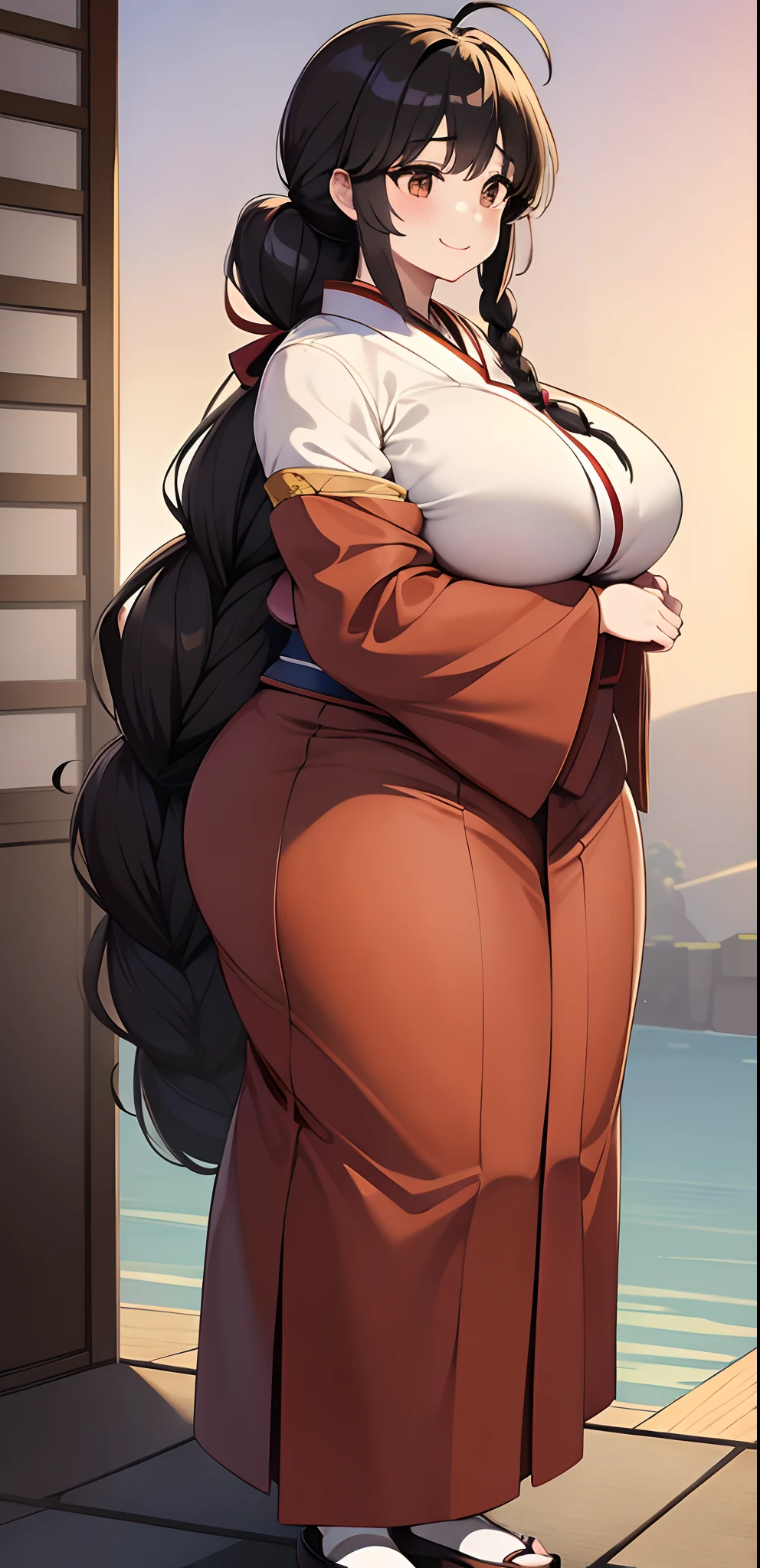 (8K、top-quality、​masterpiece)、Taisho Era、japanese kimono、Beautiful adult woman、Graceful,((Super huge　Colossal　Colossal　massive chest)),Pensive、boredom、Sentimental、suffocating、Enlightened smile、long-haired with black hair、Ahoge、braid ponytail、musculature、Muscular beauty、Muscle Beauty、