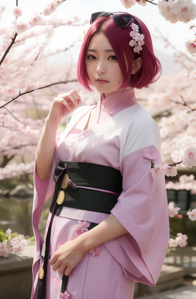 Sakura uchiha. A woman was at the cherry blossom garden. She's wearing a pink komono with a sakura accent. With a black belly-cord. She had pink hair. Her hair unraveled. Her skin is so white and smooth. Her cheeks are so rosy. He looked at the camera. She's so gorgeous and realistic