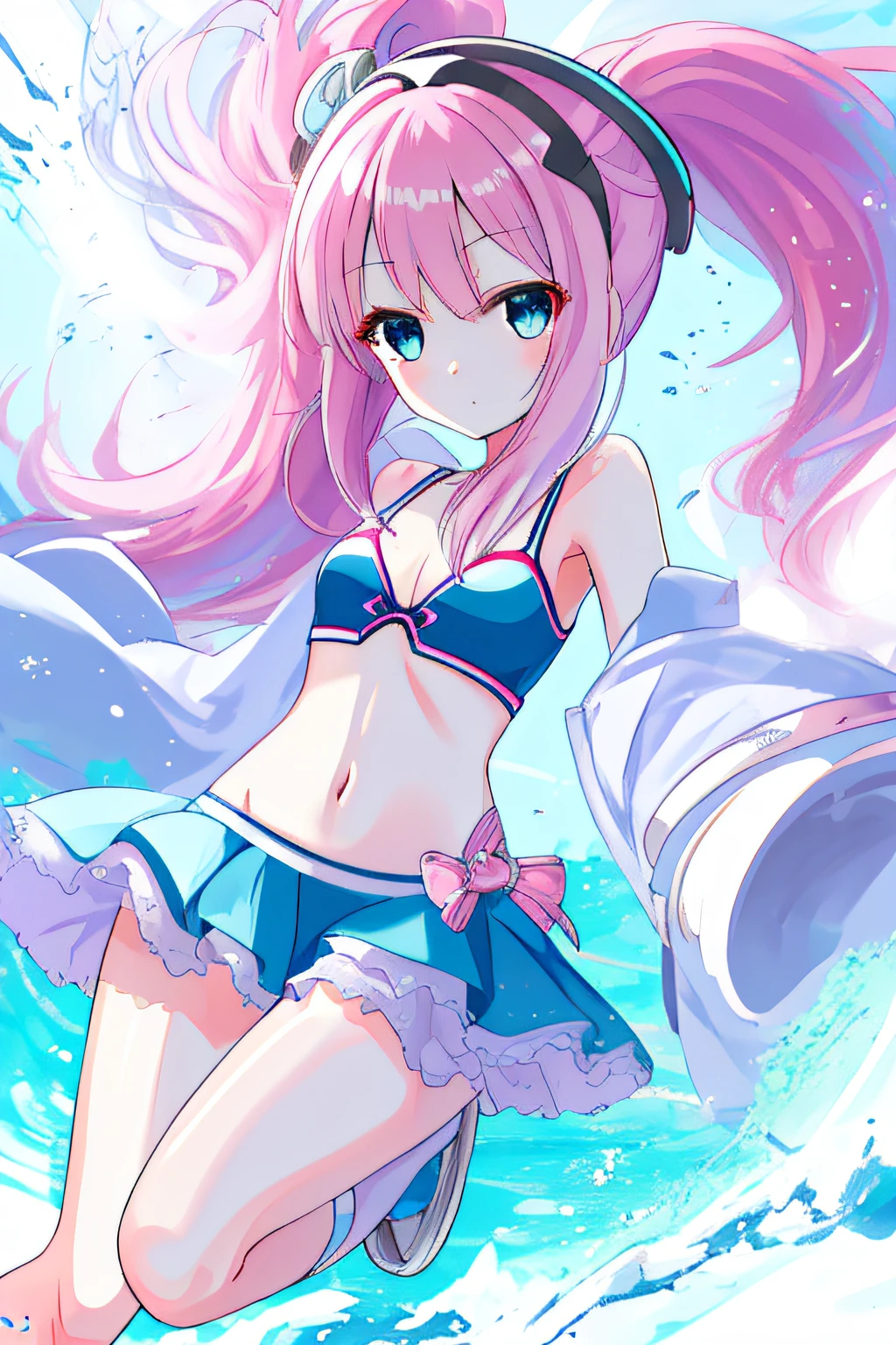 A girl,A pink-haired,Straight body,wearing white bikini,adolable,blue color eyes,Loving,Single horsetail,There is a groove in the chest,