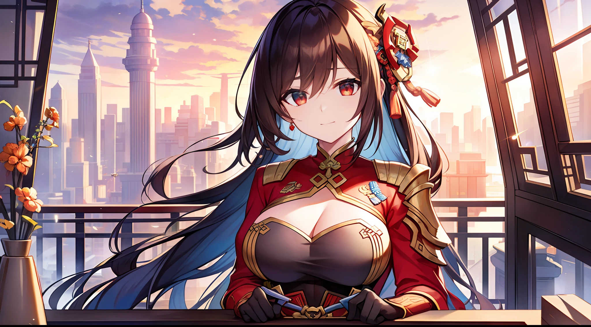 (Cinematic quality),(Complicated details),(The Kamishima Empire in the sundial),(Red Alert 3 Shenzhou Empire),A bustling capital,Spectacular city,The flag is raised,future era,