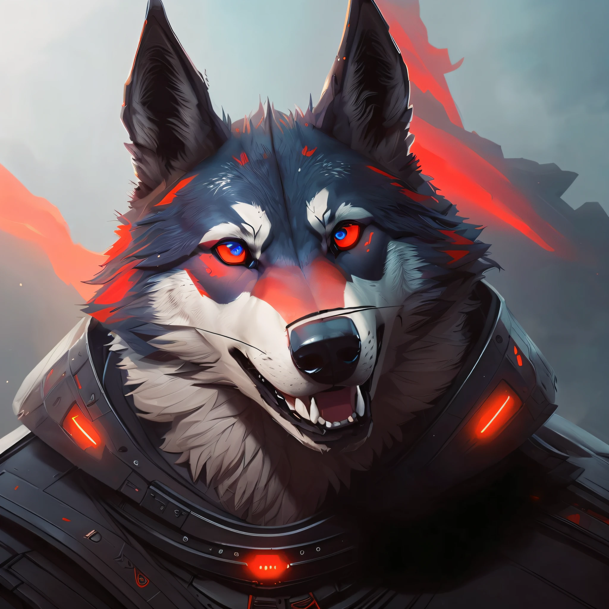 there is a wolf with glowing eyes and a collar on, husky in shining armor, furry character portrait, good boy giant mecha wolf hound, Wojtek FUS, retarded wolf portrait, anthropomorphic wolf, fantasy wolf portrait, fursona art, portrait of den, wolf face den, shaggy wolf, portrait of the retarded wolf, an anthropomorphic cyberpunk fox