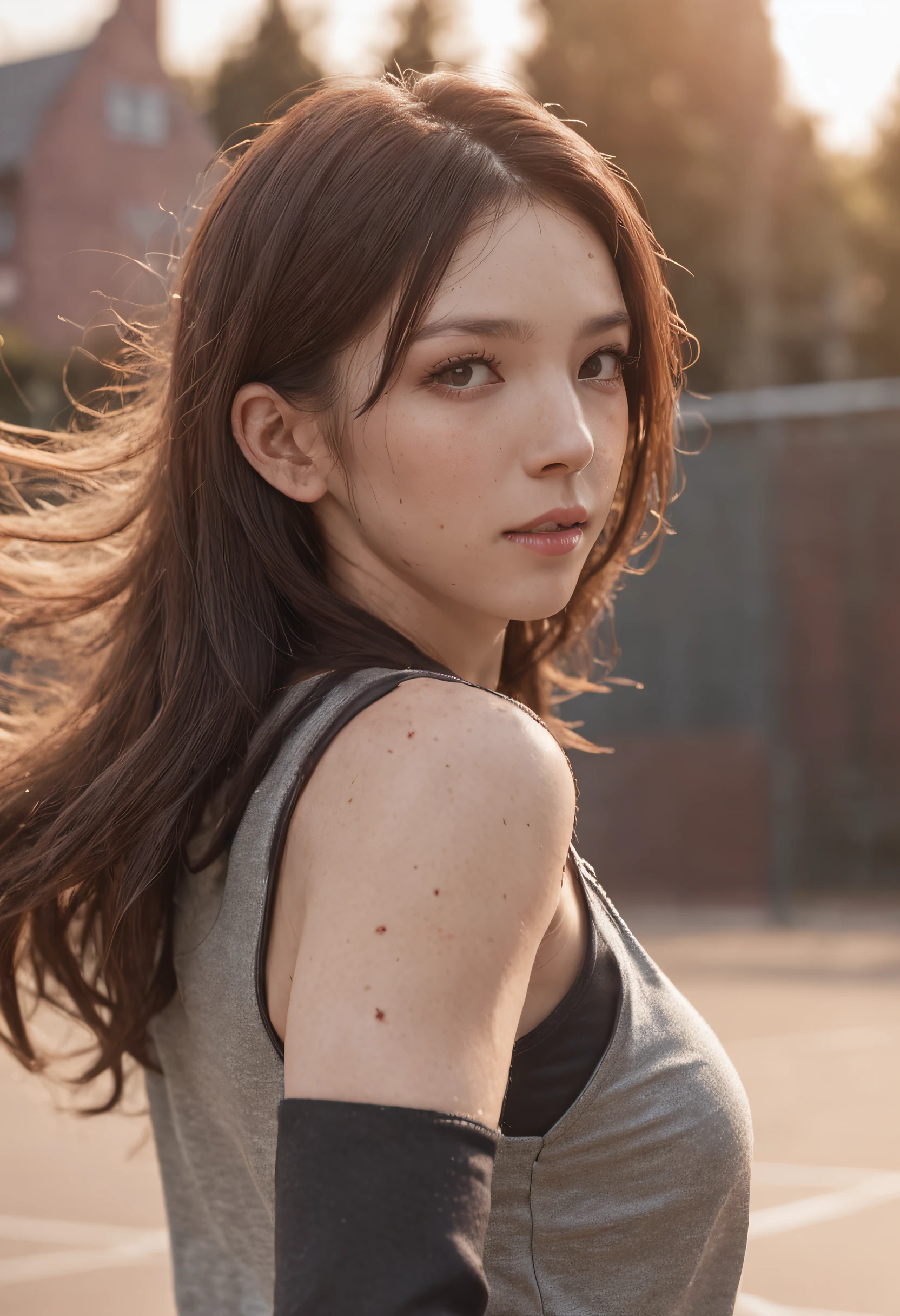 (8k, Best Quality, Masterpiece: 1.2), (Realistic, Realistic: 1.37), Ultra Detailed, Best Quality, Ultra High Resolution, Professional Lighting, Photon Mapping, Radiosity, Physically Based Rendering, Cinematic Lighting, Basketball court, depth of field, clear focus, sunlight, good composition, (bokeh: 1.2) 1girl, solo, (full body), (closed mouth), beautiful and detailed eyes, pose, narrow waist, basketball uniform, black hair , messy hair, long hair blowing in the wind, (ulzzang-6500:1.2) mix4, hiqcgbody