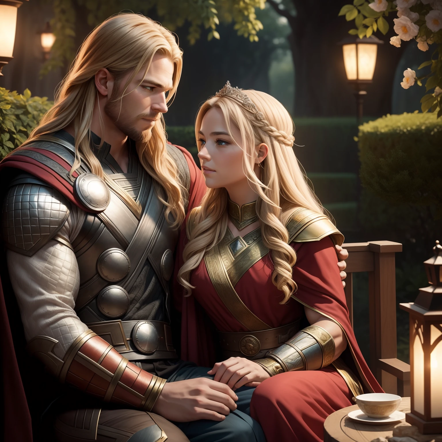 Create an image depicting a heartwarming scene between Thor and his wife. Depict them in a tender and loving moment, capturing their strong bond and affection for each other. The art style should prioritize realism, showcasing their facial expressions, clothing textures, and the emotions they share. Dress Thor in his iconic attire, while his wife is adorned in attire that reflects her personality and their connection. Place them in a magical and enchanting setting, such as a celestial realm or a serene garden, to evoke the grandeur of their love. Utilize soft and warm lighting to enhance the emotional atmosphere and convey their deep connection. The camera angle should be close-up, focusing on their faces and expressions. Opt for a 135mm+ camera lens to capture their emotions with intricate detail. Render the image in high resolution to capture the depth of their love and companionship.