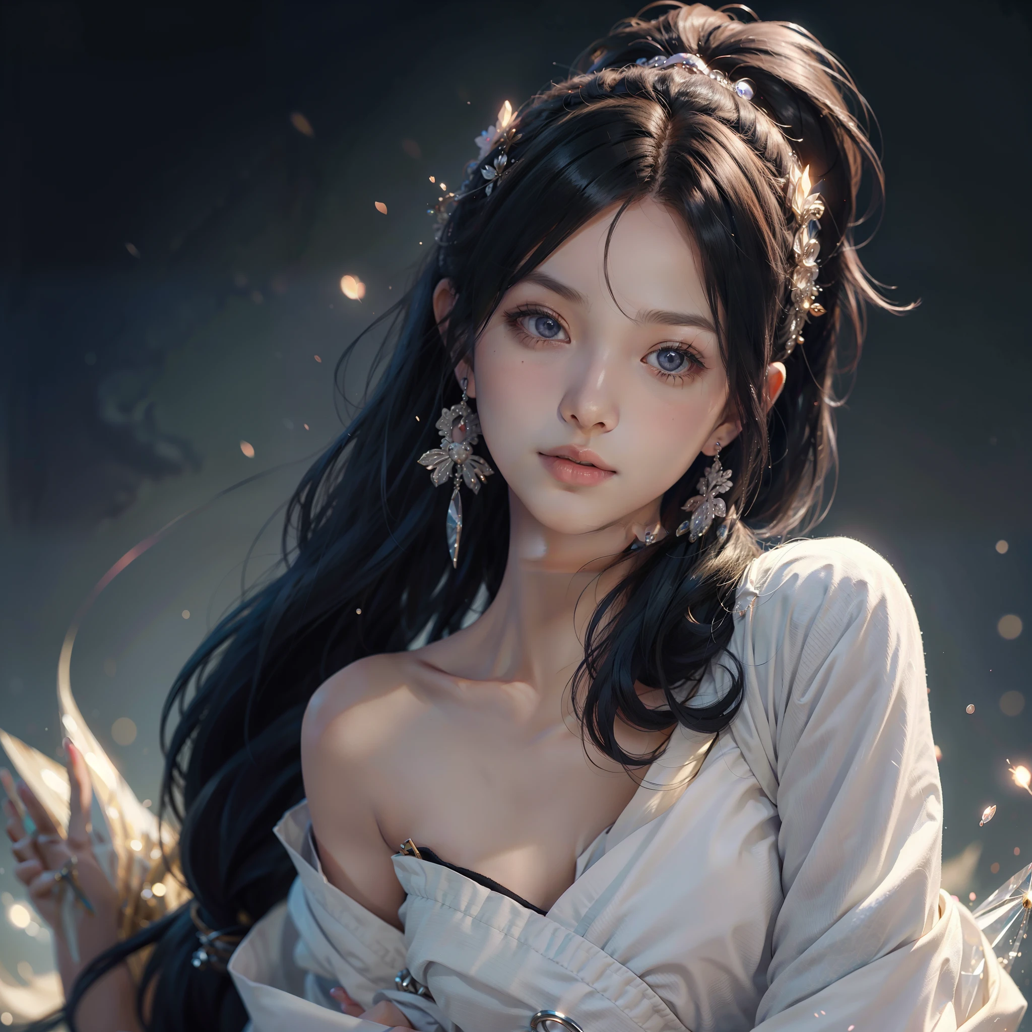watching at viewers、moon in background、poneyTail、Woman with shiny black hair、Gorgeous white kimono、Depict a beautiful and graceful woman of Japan。Heart in the eye。full body Esbian。 beautiful anime artwork, beautiful anime art, Anime Art Wallpapers in 8K, beautiful fantasy anime, Beautiful anime, Detailed anime artwork.blur backgroun、hair bobbles, longeyelashes, Solid Circle Eyes, lightsmile, ear blush, Colored inner hair, Ponytail, shairband, crescent-shaped hair ornament, Mismatched pupils, lickling lips, surrealism, drop shadow, anaglyph, stereograms, Tachi-e, POV, Atmospheric perspective, Chiaroscuro, Blurry, spark of light, Realism, One-person viewpoint, Wide Shot, 8K, Super Detail, ccurate, Best Quality, nffsw, Retin、
