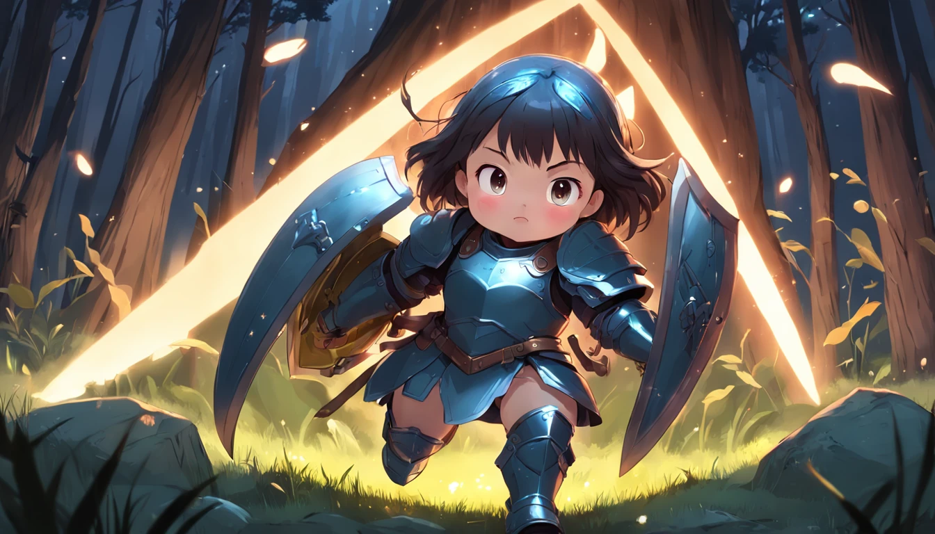 Cartoony,Chubby girl in heavy armor,Place glowing swords and shields on the ground,Glowing fireflies around,,Cute and cute,KIDS ILLUSTRATION,Glow effects,Dingdall effect,depth of fields,high light,Real light,Ray traching,oc rendered,Hyper-realistic,best qualtiy,8K,Works of masters,super-fine,Detailed pubic hair,Correct anatomy,sharp focus on eyes,The facial structure is reasonable,Facial features are carefully depicted
