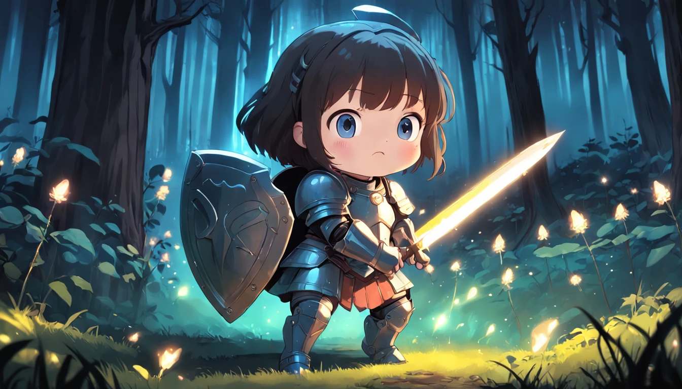 Cartoony,Chubby little girl in heavy armor,Place glowing swords and shields on the ground,Glowing fireflies around,,Cute and cute,KIDS ILLUSTRATION,Glow effects,Dingdall effect,depth of fields,high light,Real light,Ray traching,oc rendered,Hyper-realistic,best qualtiy,8K,Works of masters,super-fine,Detailed pubic hair,Correct anatomy,sharp focus on eyes,The facial structure is reasonable,Facial features are carefully depicted
