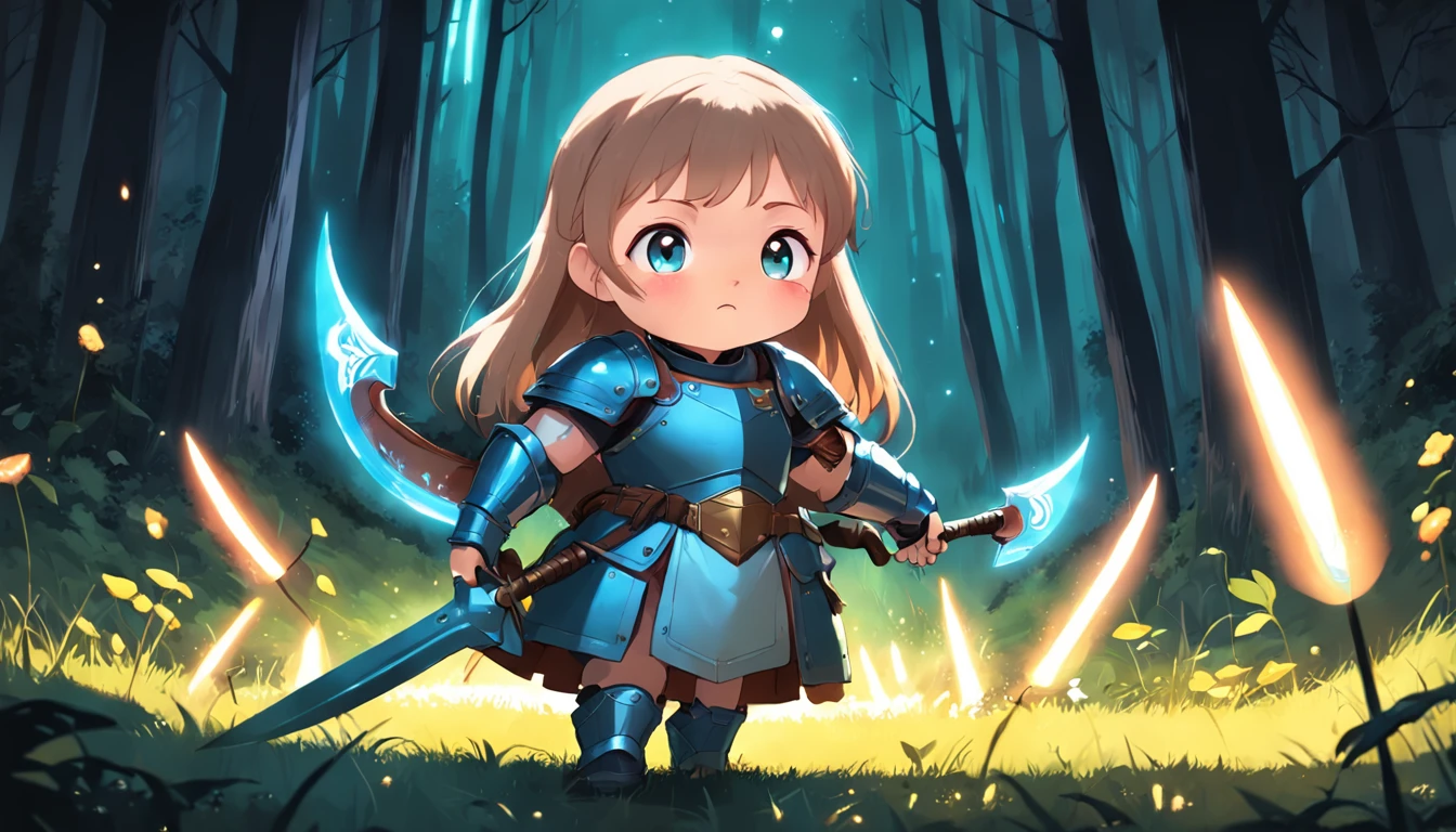 Cartoony，Chubby little girl in heavy armor，Place glowing swords and shields on the ground，Glowing fireflies around，，Cute and cute，KIDS ILLUSTRATION，Glow effects，Dingdall effect，depth of fields，high light，Real light，Ray traching，oc rendered，Hyper-realistic，best qualtiy，8K，Works of masters，super-fine，Detailed pubic hair，Correct anatomy，sharp focus on eyes，The facial structure is reasonable，Facial features are carefully depicted