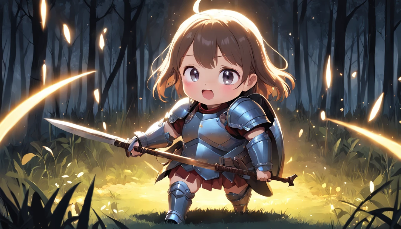 Cartoony,Chubby girl in heavy armor,Place glowing swords and shields on the ground,Glowing fireflies around,,Cute and cute,KIDS ILLUSTRATION,Glow effects,Dingdall effect,depth of fields,high light,Real light,Ray traching,oc rendered,Hyper-realistic,best qualtiy,8K,Works of masters,super-fine,Detailed pubic hair,Correct anatomy,sharp focus on eyes,The facial structure is reasonable,Facial features are carefully depicted