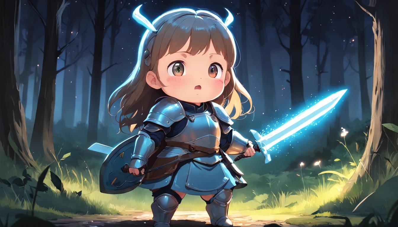 Cartoony，Chubby little girl in heavy armor，Place glowing swords and shields on the ground，Glowing fireflies around，，Cute and cute，KIDS ILLUSTRATION，Glow effects，Dingdall effect，depth of fields，high light，Real light，Ray traching，oc rendered，Hyper-realistic，best qualtiy，8K，Works of masters，super-fine，Detailed pubic hair，Correct anatomy，sharp focus on eyes，The facial structure is reasonable，Facial features are carefully depicted