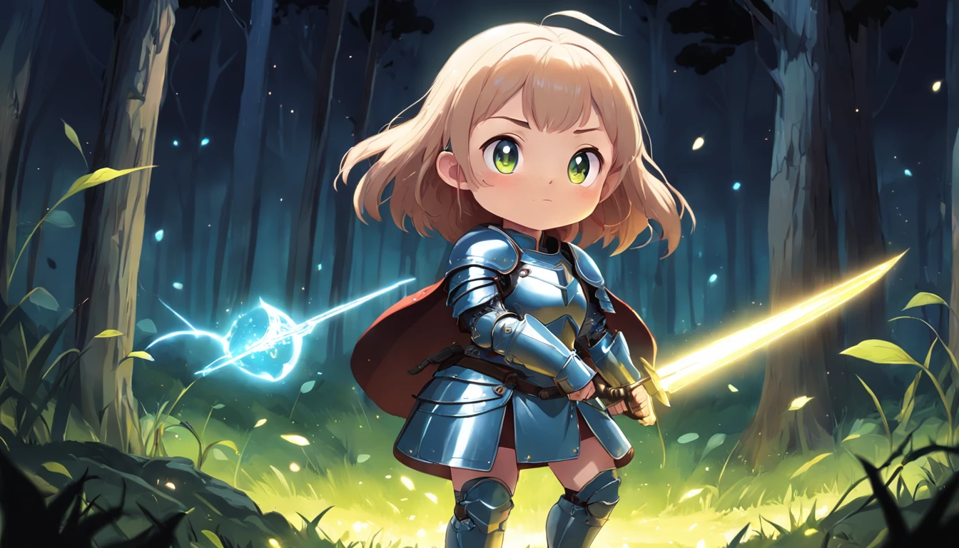 Cartoony，Chubby  girl in heavy armor，Place glowing swords and shields on the ground，Glowing fireflies around，，Cute and cute，KIDS ILLUSTRATION，Glow effects，Dingdall effect，depth of fields，high light，Real light，Ray traching，oc rendered，Hyper-realistic，best qualtiy，8K，Works of masters，super-fine，Detailed pubic hair，Correct anatomy，sharp focus on eyes，The facial structure is reasonable，Facial features are carefully depicted