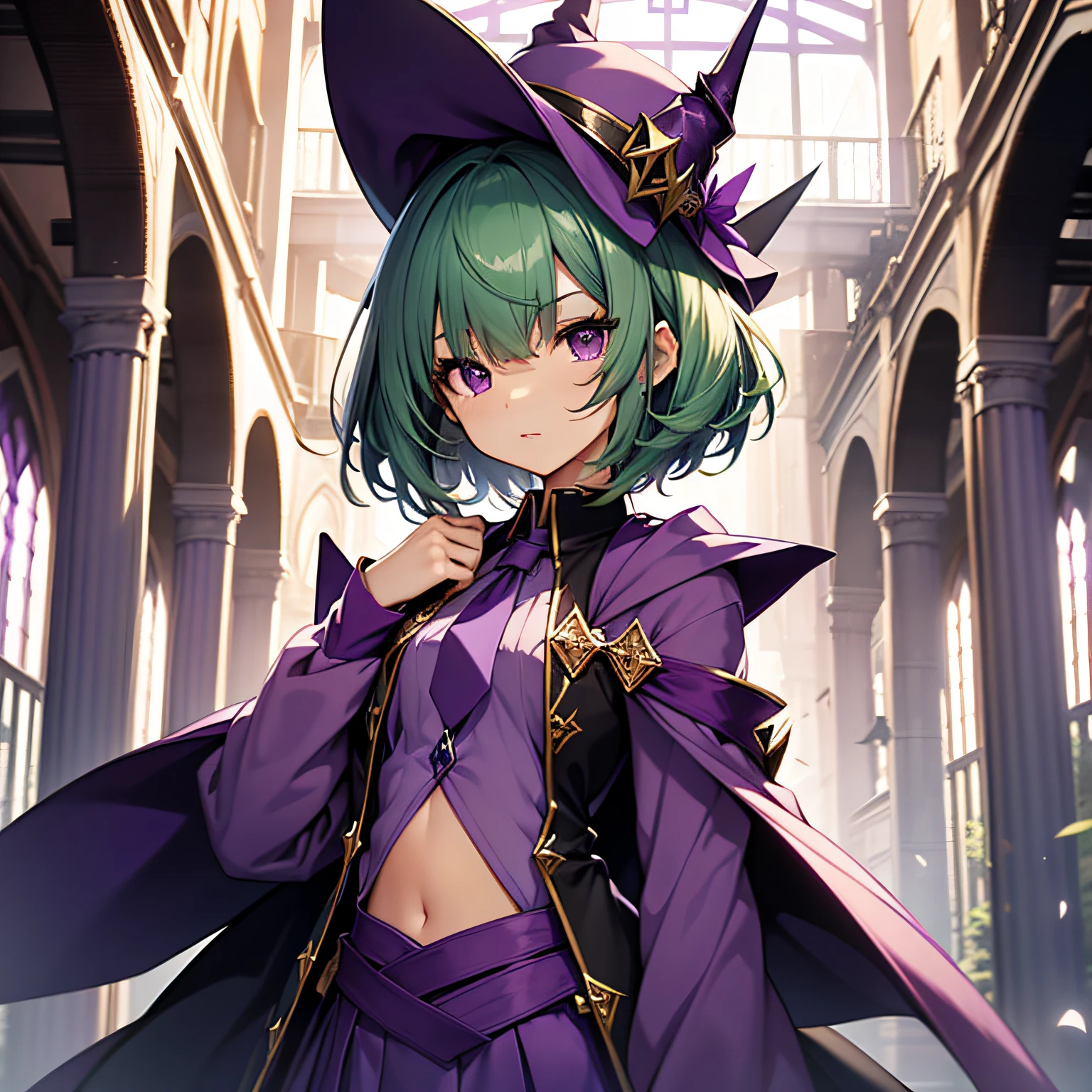 top-quality、extremely delicate and beautiful、(A teenage girl)、Purple Eye、Green hair、short-haired、(Purple pointy hat)、Purple tie、Soio、shortsleeves、Purple skirt、Purple Wizard Robe、Navel,is standing