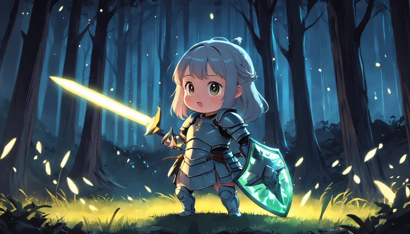 Cartoony,Chubby girl in heavy armor,Place glowing swords and shields on the ground,Glowing fireflies around,,Cute and cute,KIDS ILLUSTRATION,Glow effects,Dingdall effect,depth of fields,high light,Real light,Ray traching,oc rendered,Hyper-realistic,best qualtiy,8K,Works of masters,super-fine,Detailed pubic hair,Correct anatomy,sharp focus on eyes,The facial structure is reasonable,Facial features are carefully depicted