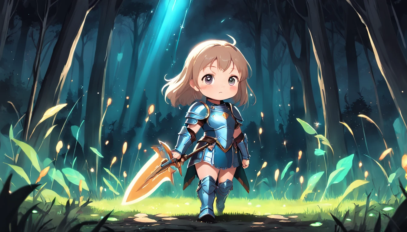 Cartoony,Chubby girl in heavy armor,Place glowing swords and shields on the ground,Glowing fireflies around,,Cute and cute,KIDS ILLUSTRATION,Glow effects,Dingdall effect,depth of fields,high light,Real light,Ray traching,oc rendered,Hyper-realistic,best qualtiy,8K,Works of masters,super-fine,Detailed pubic hair,Correct anatomy,sharp focus on eyes,The facial structure is reasonable,Facial features are carefully depicted