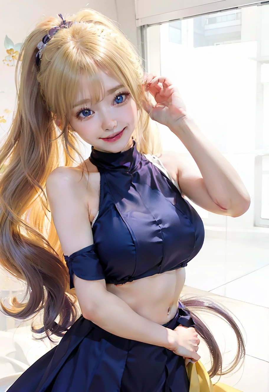 1girl, yamanaka ino, long hair, sexy dress, yellow hair, blue eyes, smile, beautiful, purple clothes, very big breast, sexy clothes, indoor wallpaper, wallpaper realistic, wallpaper detail, indoor background, ultra detail, realistic