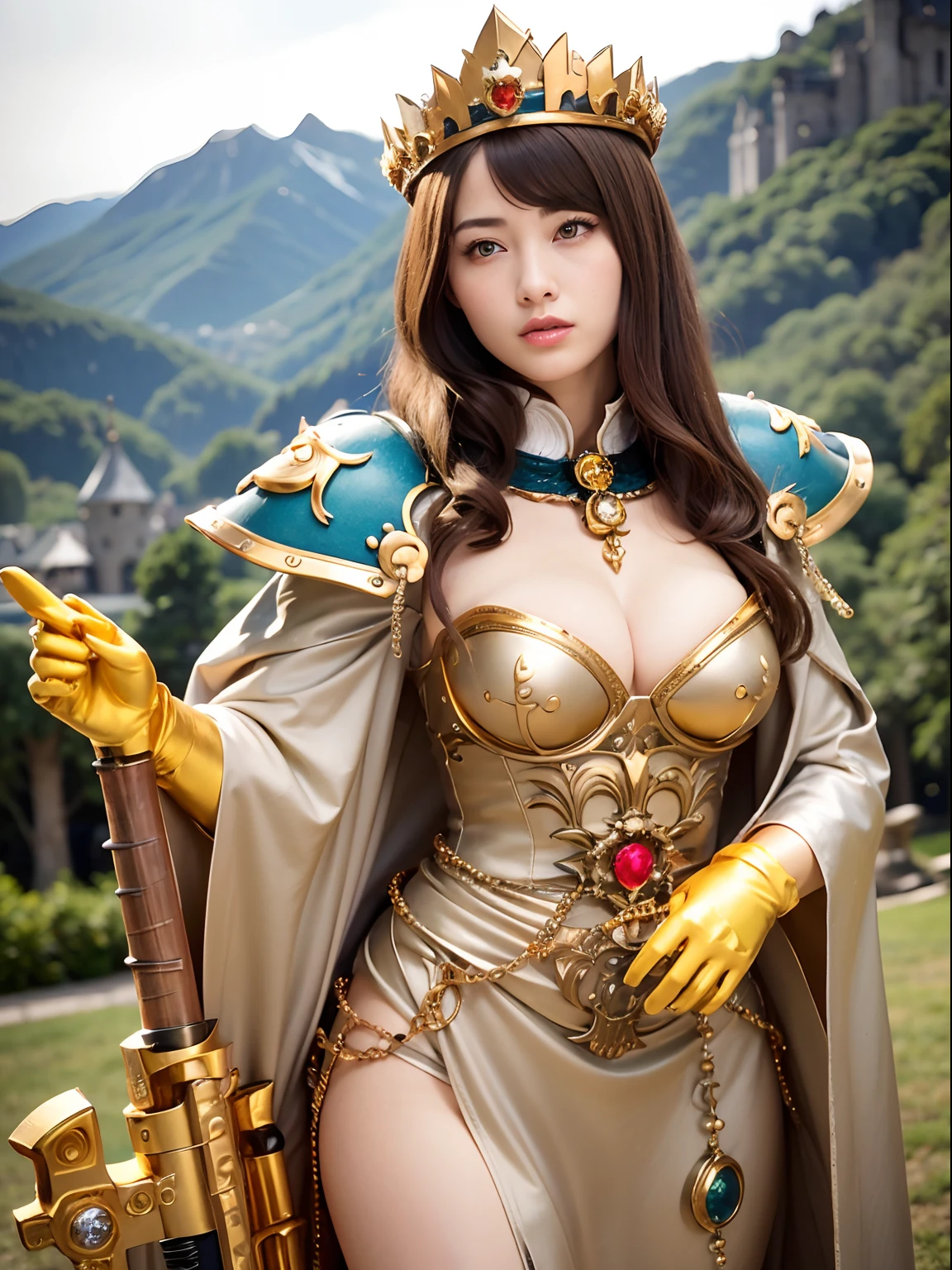 (masutepiece), Professional , ​masterpiece、top-quality、photos realistic , depth of fields （Gemstone Silver Metal Body:1.９),(Matte yellow、Jewel Gold Weapon、（Gorgeous castle background）、（Jewel Metal Body:1.４),（Gorgeous Jewel Metal Weapons） , （Detailed Sword of the Brave） ,（ Soldier background in metal armor）   ,warhammer 40k , adepta sororitas,Detail and ornate jewel crown、独奏、Brown hair、（Gangle's forest background）、Beautiful Caucasian beauty、１a person、dynamic ungle,(((Diamond tiara with detail and luxury)))、a small face、A smile、Powerful poses、（Gorgeous castle background）、huge filesize、20 year old beautiful woman、Stand in the center of the screen、Thin female fingers、Straight long hair、Beautiful Caucasian beauty、Mystical expression、Mystical expression、Lightly open your mouth、