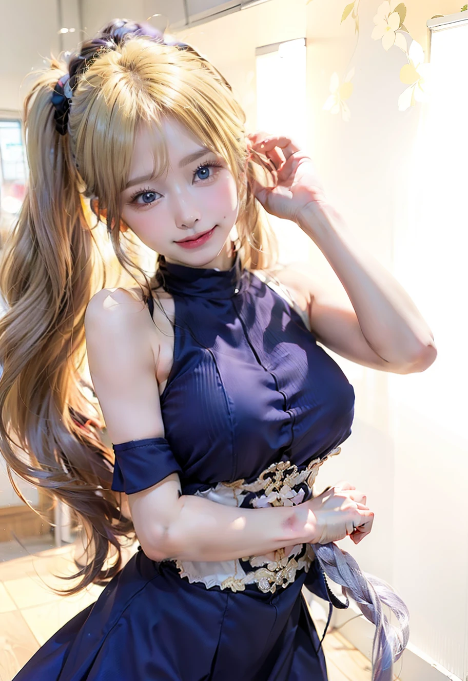1girl, yamanaka ino, long hair, sexy dress, yellow hair, blue eyes, smile, beautiful, purple clothes, very big breast, sexy clothes, indoor wallpaper, wallpaper realistic, wallpaper detail, indoor background, ultra detail, realistic