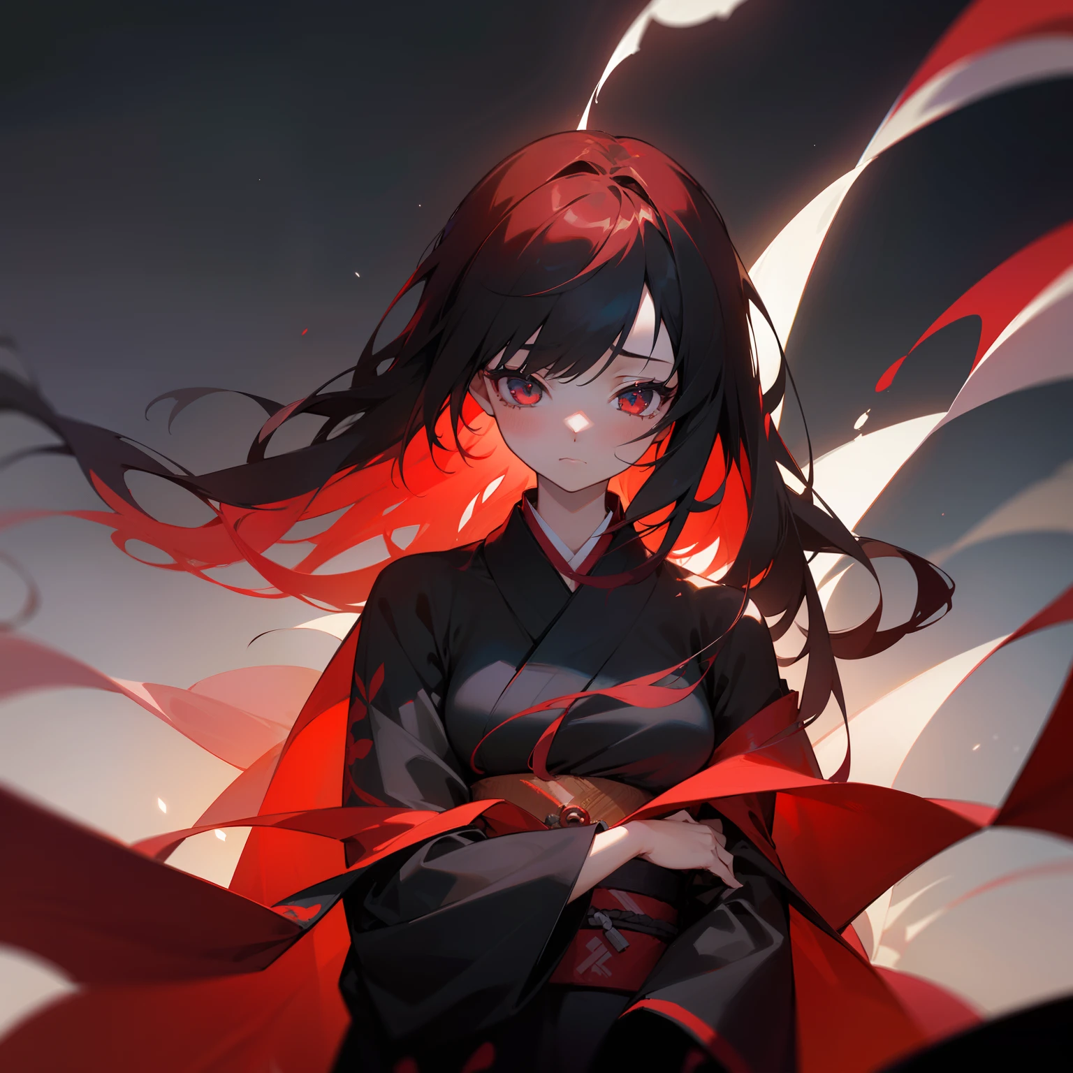 (Beautifully Aesthetic:1.2)、(1girl in:1.3)、（long black and red hair:1.2)、Wearing a colorful kimono in black and red、Mysterious Beauty、saddened、sad、solitude、goddes、Independence and strength、Mysterious and beautiful, But with a temporary glow、Women who feel sad and lonely from the past