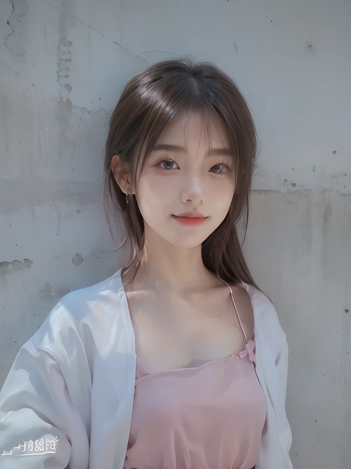 1girll, bshoulders, ssmile, adolable, waist-up, deep shading, in the darkness nigth, Low profile
Best quality,tmasterpiece,(Photorealsitic:1.4),Upper body completely naked,Pink coat,In pink