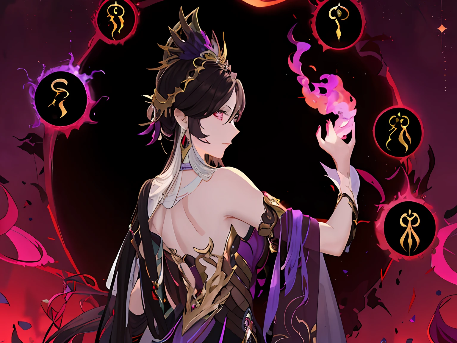 Masterpiece, Best quality, A high resolution, woman, Long hair, , Exotic costumes, (ellegance,) From the side Side, Looking back, Upper body, There is a touch of purple fire on the fingertips，Black and purple special effects。