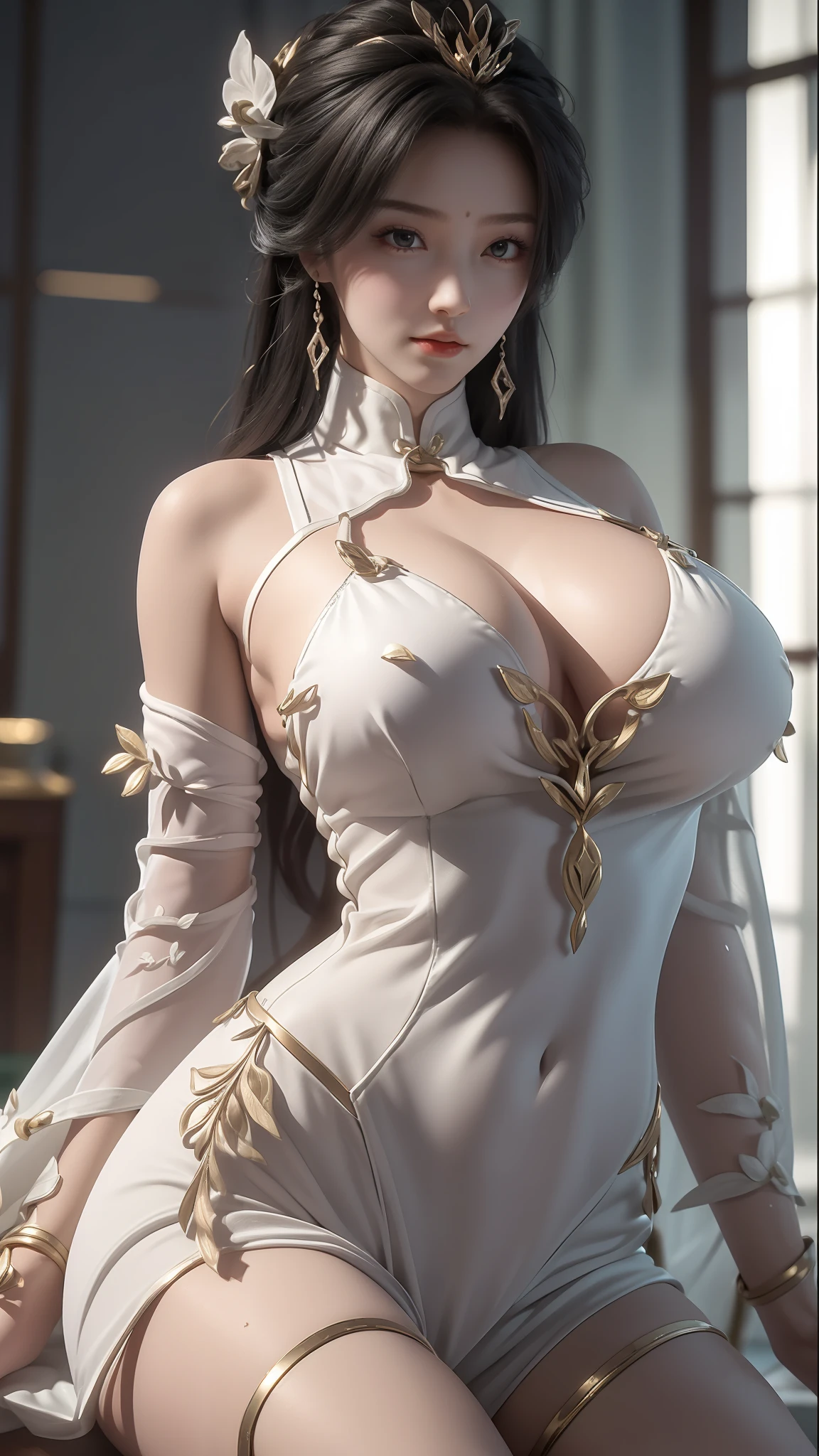 ((Best picture quality, 8K, tmasterpiece:1.3)), 1girll, Beautiful woman with slender abs:1.3, (Casual hairstyle), Princess dress:1.1, huge tit, Ultra-fine face, A detailed eye, 二重まぶた，ssmile，Home, Above thighs